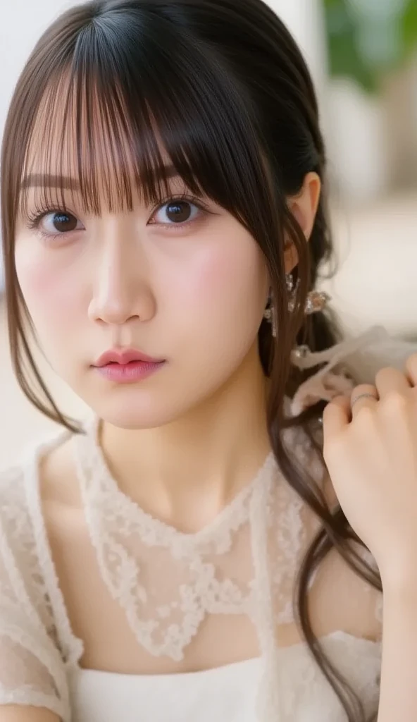 masterpiece, highest quality, 8k, 20th Generation, Large Breasts, cute, alone, sad, cute, Girlish, Delicate girl, Pure beauty,  RAW Photos, Professional photography, Portraiture, Soft Light, Professional Lighting, Backlight, Upper Body, avert your eyes, Sophisticated, Film Grain, (Eyes and facial details:1.0), Short floating hair, Beautiful, flowing hair, bangs, (RelaxedＶneckＴshirt(pastel colour))、(Large Breasts:1.0)、You can see a little cleavage、Dolly Makeup、Odd Eye、The colour of the left and right eyes are different