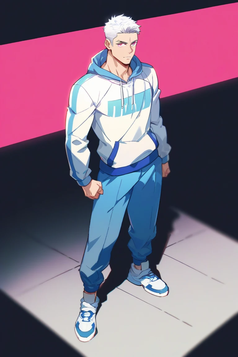 anime, 1 boy,  focus men's,  muscular man ,  short hair,  hair shaved on the sides,  white hair, pink eyes,  sweatshirt, serious, trusting,  full body costume