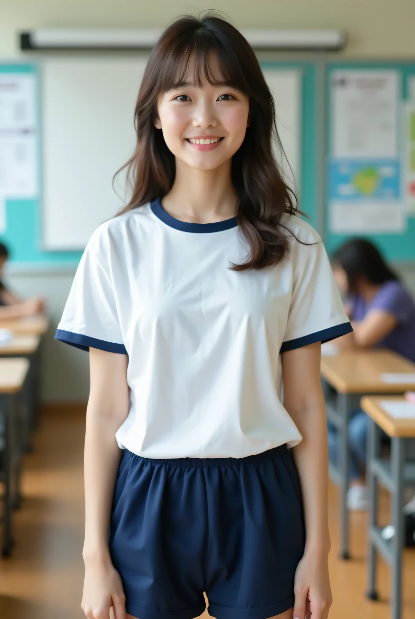 (Breast enlargement), (masterpiece, Highest quality:1.2), 8K, Young and beautiful girl, 85mm,Official AR RAW Photos, (Baby Face), ((Small face)), ((Super big breasts)), Detailed nipples, ((Platinum Short Hair)), ((curl bob hair)), Show me your ears、photo shoot, Cute face, Thighs, Classroom after school, Looking at the audience, Embarrassing、smile、 makeup, Film Grain, chromatic aberration, Sharp focus, Face Light, Bright lighting, 10 generations, Detailed face, Background blur、((((((14 year old high school girl))))))、Narrow waist、 uniform、Dark blue mini skirt, White tiny panties