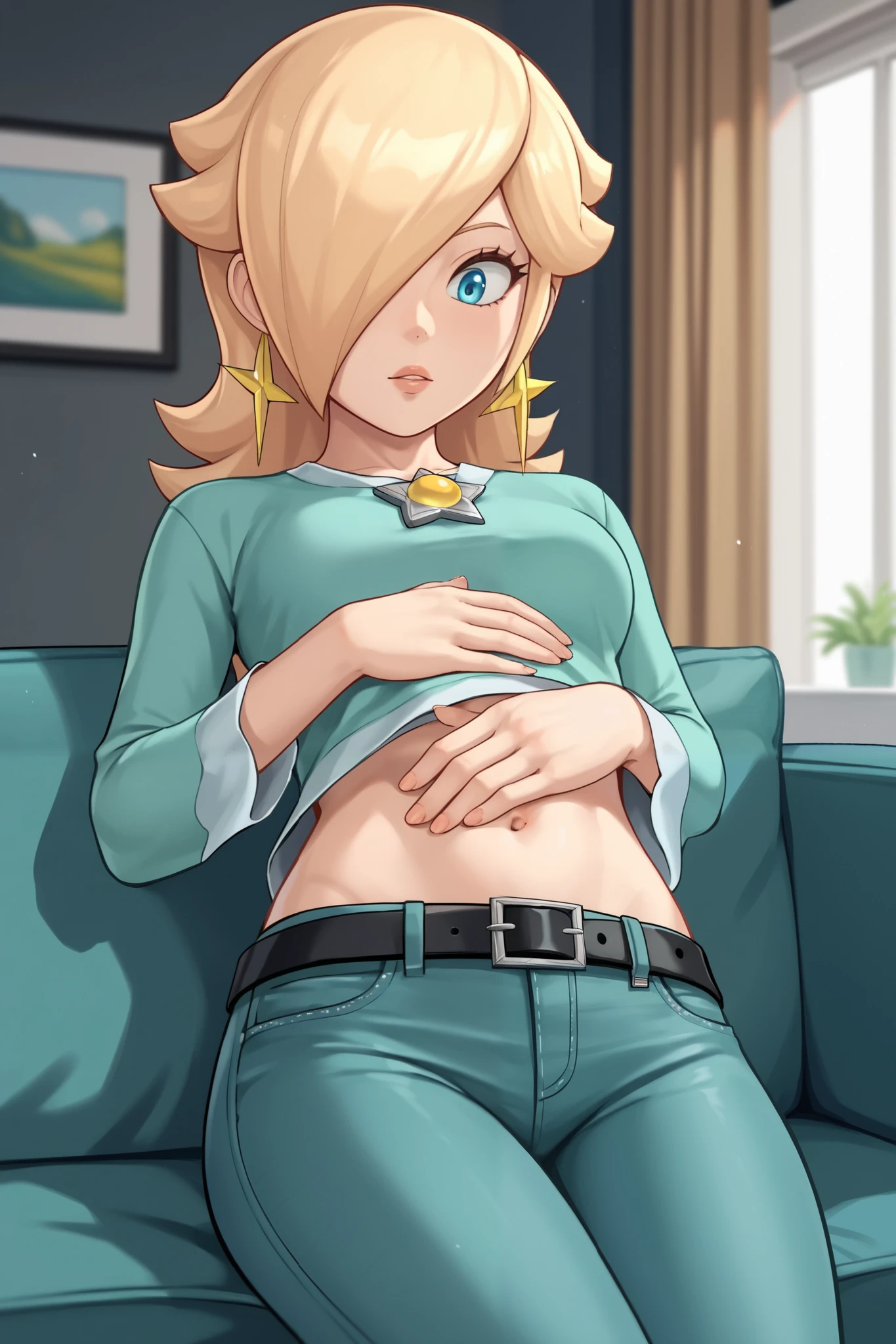 score_9, score_8_up, score_7_up, source_anime, rosalina, blonde hair, blue eyes, hair over one eye, long hair, star earrings, solo, cowboy shot, black t-shirt, taut clothes, tight shirt, midriff, navel, jeans, black belt, looking down, laying on couch, hand on own stomach, indoors