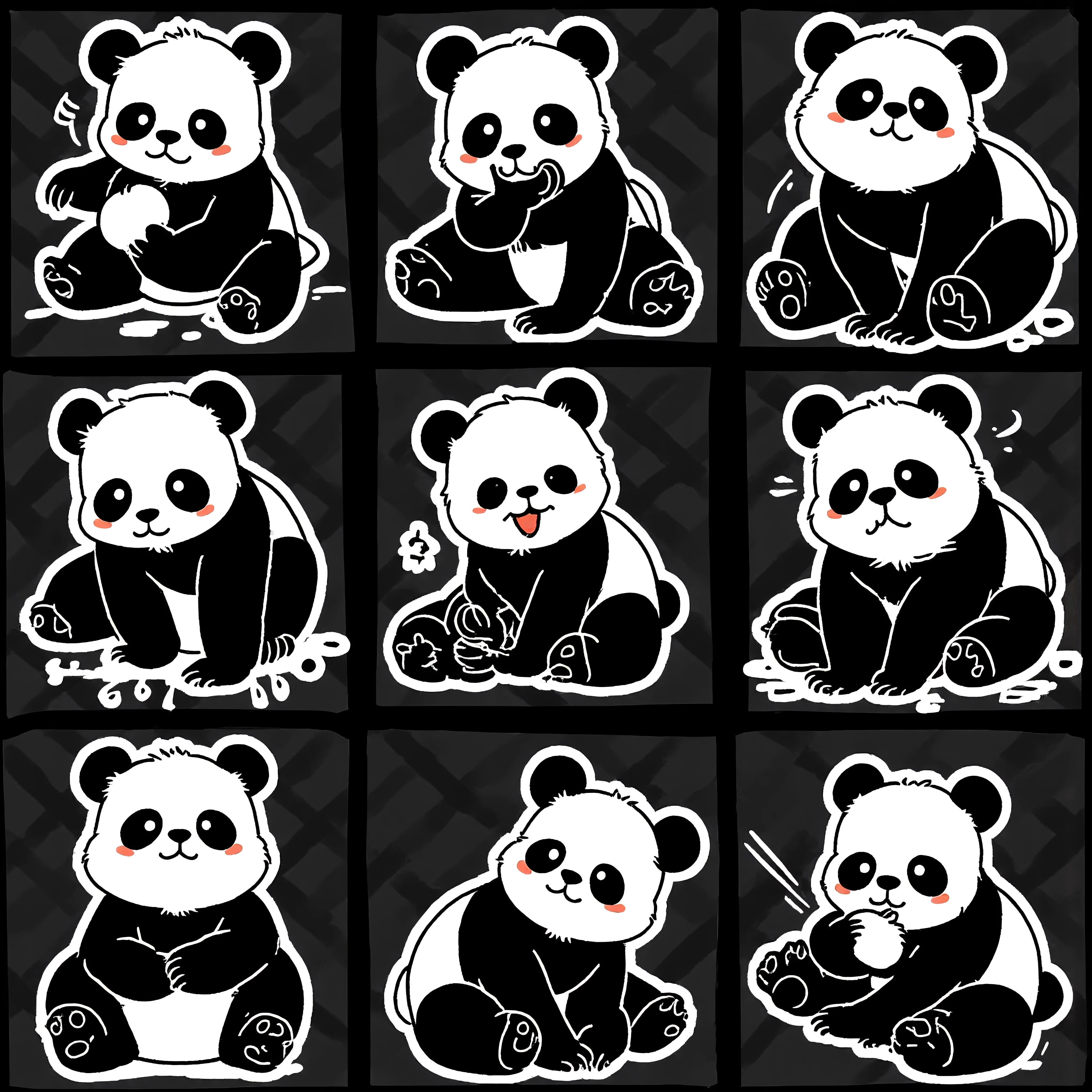 Cute Chinese panda holding a bamboo,multiple poss and expressionsas,exaggerated,angry, happy,scared,Surprised,etc.,dynamic pose,dark white background,emoticon pack,nine palace grid layout,Old Meme Kernel,Red panda animation with multiple positions and expressions