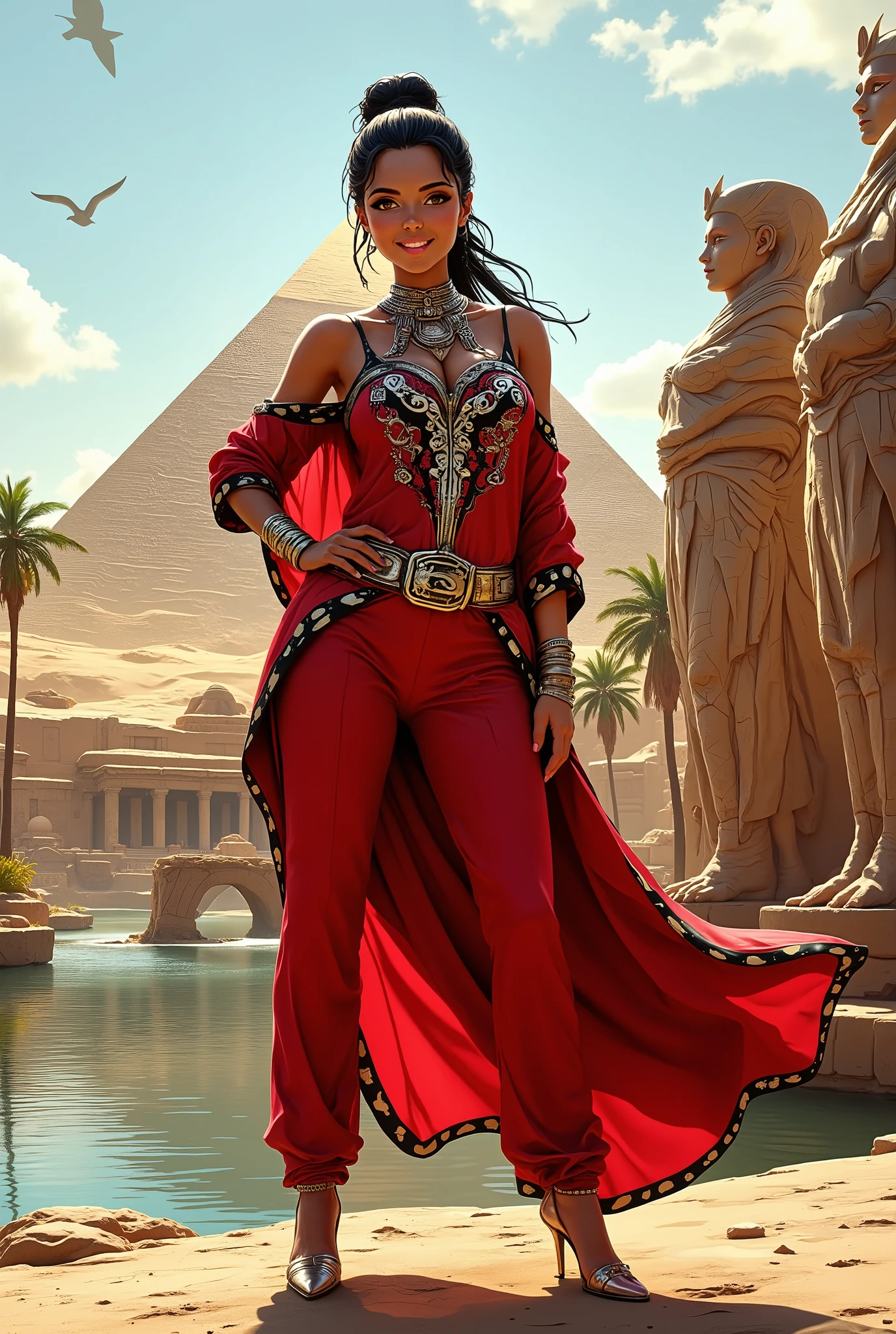 This is a highly detailed CGI rendering of An African American woman in a modernized Dashiki inspired outfit an asymmetrical tunic in bold red, black and silver, paired with fitted bold red trousers. The front view captures her smiling with one hand on her hip, while the back view showcases the tunic's flowing cape like back with intricate embroidery. She completes the look with silver cuff bracelets, pointed silver toe heels, and her hair styled in long locs tied in a ponytail. background is in vibrant colours. the Background is, This is a highly detailed CGI rendering of an ancient Egyptian landscape, featuring iconic pyramids and other historical structures. The scene is bathed in warm, golden sunlight, casting long shadows. In the foreground, on the right, there are two large, stone statues of pharaohs, their hands crossed over their chests, carved with intricate hieroglyphics. These statues are positioned on a raised platform adorned with more hieroglyphics, giving a sense of ancient grandeur.
To the left, a river flows through the scene, its waters reflecting the sunlight and creating a shimmering effect. Palm trees line the banks of the river, adding a touch of verdant green to the otherwise arid landscape. The background is dominated by three pyramids, the largest and most prominent being the Great Pyramid of Giza, with its smooth, triangular shape and golden hue. The other two pyramids are slightly smaller and positioned to the left of the main pyramid, creating a visually striking composition.
The sky above is a vibrant blue with wispy, white clouds, and a bird is seen flying in the distance, adding a sense of scale and life to the otherwise static scene. The overall style is highly realistic, capturing the grandeur and majesty of ancient Egyptian architecture.