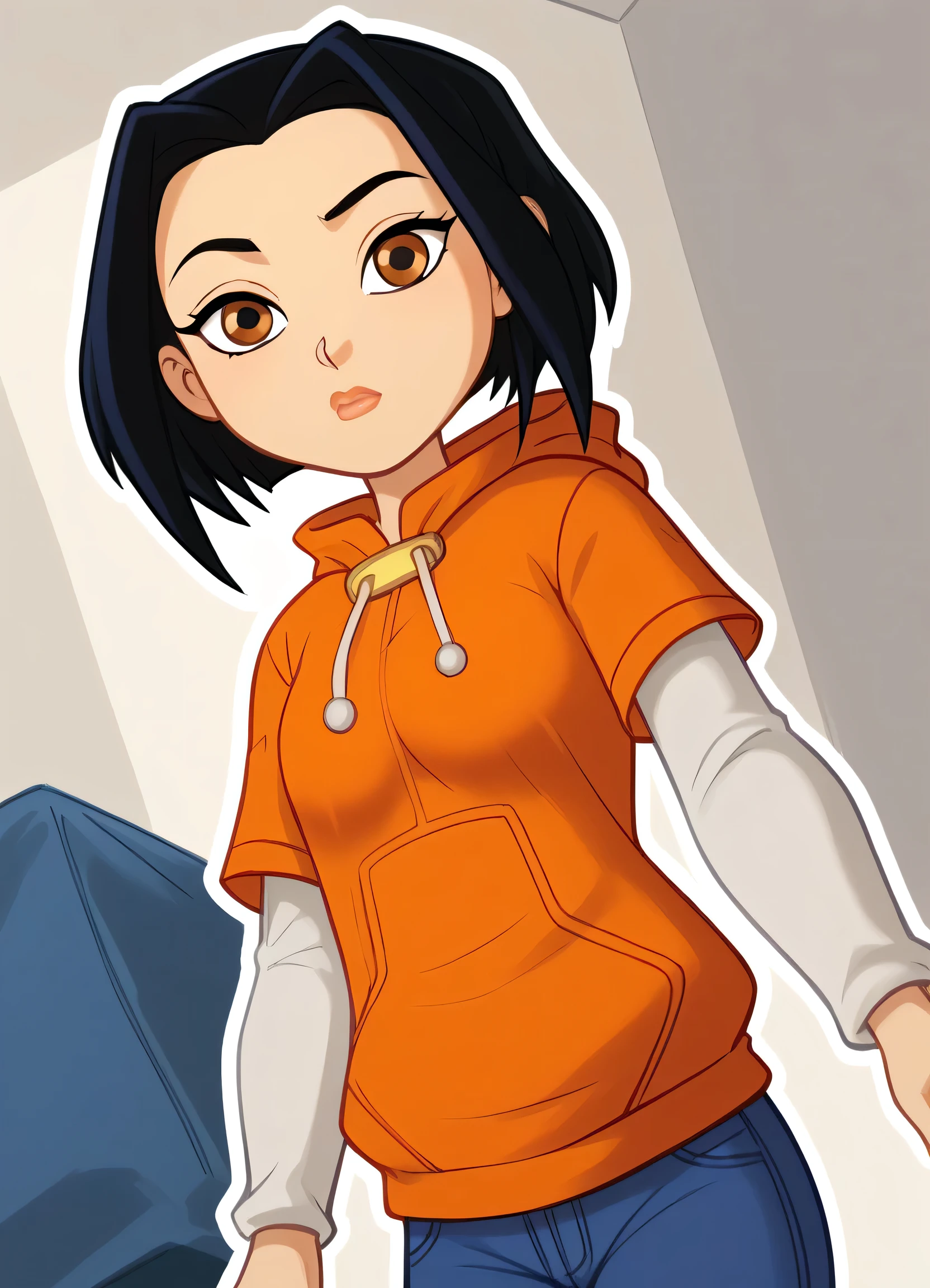 Professionally commissioned fanart by BlushySpicy, jadechan, 1girl, black hair, brown eyes, solo, alone, centered subject, short hair, forehead visible, huge breasts, extreme Macromastia, tiny waist, slim ribcage, slim stomach, orange-hoodie, blue_jeans, cartoon, dutch angle, perfect lips, closed-mouth, looking at viewer, candid shot, youthful, slightly bratty, busty shortstack, short body, short stature, oppailoli character type, perfect effeminate eyelashes, calm facial expression, in the style of Jackie_Chan_Adventures, Saturday morning cartoons UHD_remastered screenshot style, low-detail, simple coloration, white outline, black outline, thick double outline, edge detect, solid skin, corporeal body,