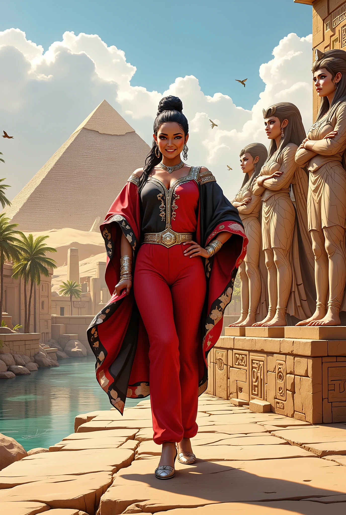 This is a highly detailed CGI rendering of An African American woman in a modernized Dashiki inspired outfit an asymmetrical tunic in bold red, black and silver, paired with fitted bold red trousers. The front view captures her smiling with one hand on her hip, while the back view showcases the tunic's flowing cape like back with intricate embroidery. She completes the look with silver cuff bracelets, pointed silver toe heels, and her hair styled in long locs tied in a ponytail. background is in vibrant colours. the Background is, This is a highly detailed CGI rendering of an ancient Egyptian landscape, featuring iconic pyramids and other historical structures. The scene is bathed in warm, golden sunlight, casting long shadows. In the foreground, on the right, there are two large, stone statues of pharaohs, their hands crossed over their chests, carved with intricate hieroglyphics. These statues are positioned on a raised platform adorned with more hieroglyphics, giving a sense of ancient grandeur.
To the left, a river flows through the scene, its waters reflecting the sunlight and creating a shimmering effect. Palm trees line the banks of the river, adding a touch of verdant green to the otherwise arid landscape. The background is dominated by three pyramids, the largest and most prominent being the Great Pyramid of Giza, with its smooth, triangular shape and golden hue. The other two pyramids are slightly smaller and positioned to the left of the main pyramid, creating a visually striking composition.
The sky above is a vibrant blue with wispy, white clouds, and a bird is seen flying in the distance, adding a sense of scale and life to the otherwise static scene. The overall style is highly realistic, capturing the grandeur and majesty of ancient Egyptian architecture.