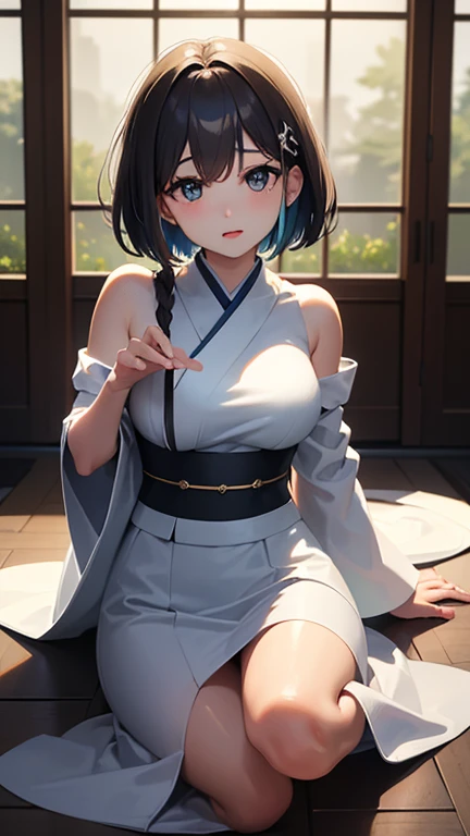 ((1girl, solo)), beautiful body, (perfect anatomy, perfect body, perfect hands, perfect legs), nice hands, natural proportions, sexy body, large breasts, sitting, crossed legs BREAK
((extremely detailed face)), blue eyes, (beautiful detailed eyes:1.6), (realistic pupils, realistic iris:1), expressive eyes, ((looking at viewer)), (clear eyes:1.3), (hyperrealistic:1.2), (detailed skin texture:1.2), smooth skin, black hair, blunt bangs, long hair, braided ponytail, (detailed lips:1.2), (attractive lips:1.1), (glossy lips:1.1), smile, parted lips, perfect face, perfect eyes BREAK
black kimono, (short kimono:1.5), skin tight, cleavage, long sleeves, wide sleeves, choker, white obi, sash, thighs, panties, pantyshot BREAK
(masterpiece:1.5), anime-style, top quality, best quality, (beautiful and aesthetic:1.2), (ultra detail:1.5), Ultra-detailed depiction, Ultra-precise depiction, extremely detailed 8k illustration, high resolution, (highly detailed shading:1.2), (realistic lighting:1.4), perfect lighting, vibrant colors, dynamic tones, striking hues, 8k, absurd resolution, perfect shadows, hdr, UHD, ambient lighting, realistic, ultra-realistic, photo realistic, highly detailed, rich detail, luminous colors, fine texture, intricate design, professional illustration, (soft light:1.2), (illustration:0.7)
