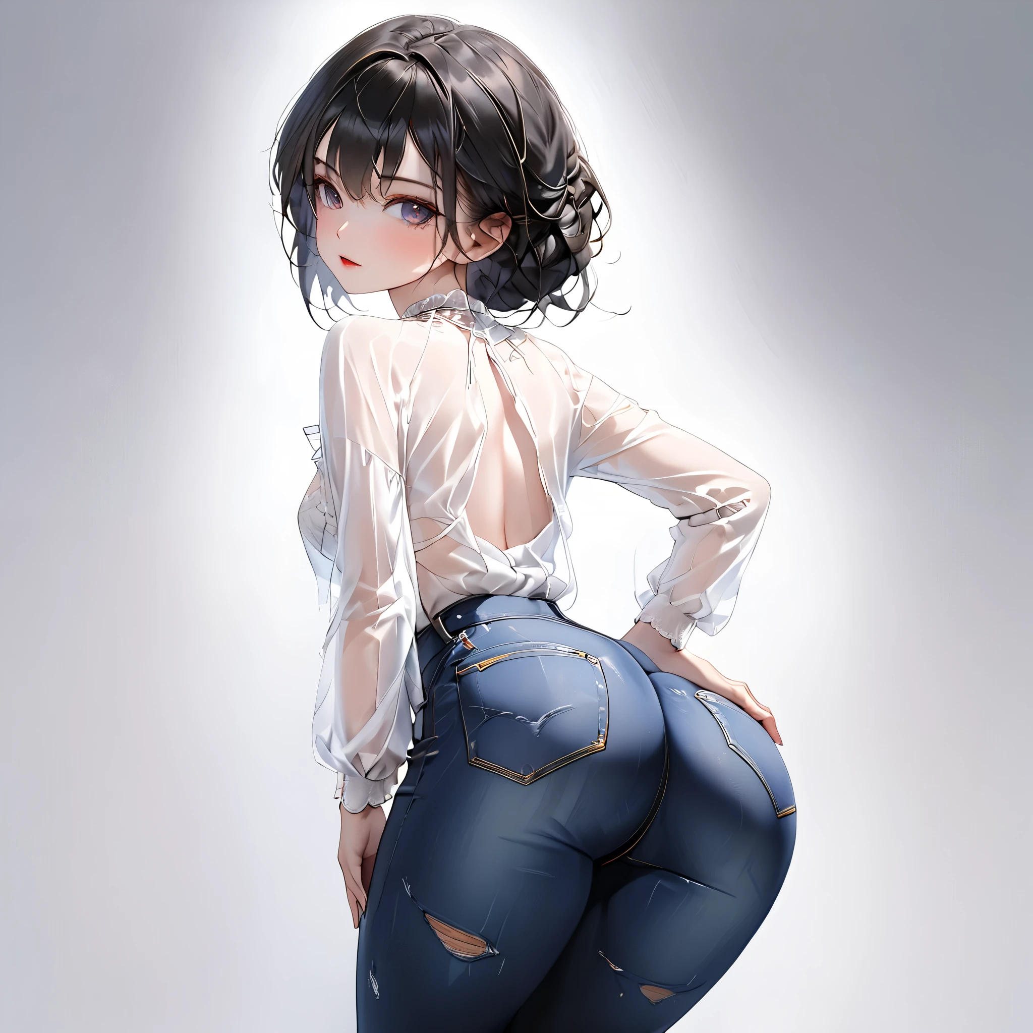 (beautiful girl:1.3),1girl,masterpiece,Highest quality,Ultra-high resolution,rich contrast,super high quality,8k,Highly detailed CG unit wallpaper,texture,Incredibly absurd,Ultra-high resolution,Highest quality anime,professional photograph,an extremely delicate and beautiful,RAW Photos,Depth of Field 1.2,ultra-detailed eyes,Glitter Effect,Beautiful glossy lips, 25years old, gorgeous legs, noise perfect, gorgeous ass, Gogo Tomago of the movie Big hero, from behind, background random, ( Looking Back), gorgeous ass, dynamic pose, skinny jeans, (translucent white blouse), long sleeves, low back, no bra, sensual woman, seductive woman, mature woman, Milf, maternal, shy look, full body,