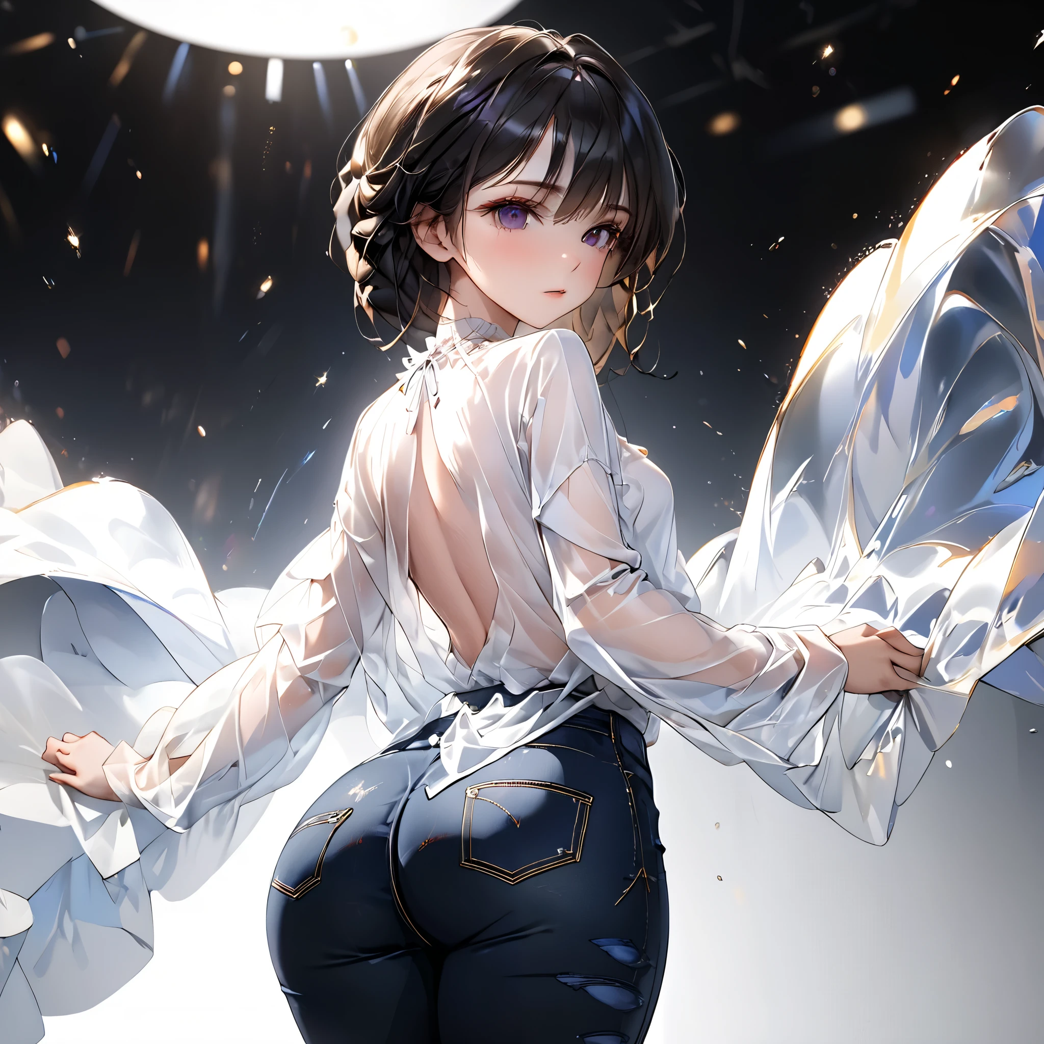(beautiful girl:1.3),1girl,masterpiece,Highest quality,Ultra-high resolution,rich contrast,super high quality,8k,Highly detailed CG unit wallpaper,texture,Incredibly absurd,Ultra-high resolution,Highest quality anime,professional photograph,an extremely delicate and beautiful,RAW Photos,Depth of Field 1.2,ultra-detailed eyes,Glitter Effect,Beautiful glossy lips, 25years old, gorgeous legs, noise perfect, gorgeous ass, Gogo Tomago of the movie Big hero, from behind, background random, ( Looking Back), gorgeous ass, dynamic pose, skinny jeans, (translucent white blouse), long sleeves, low back, no bra, sensual woman, seductive woman, mature woman, Milf, maternal, shy look, full body,