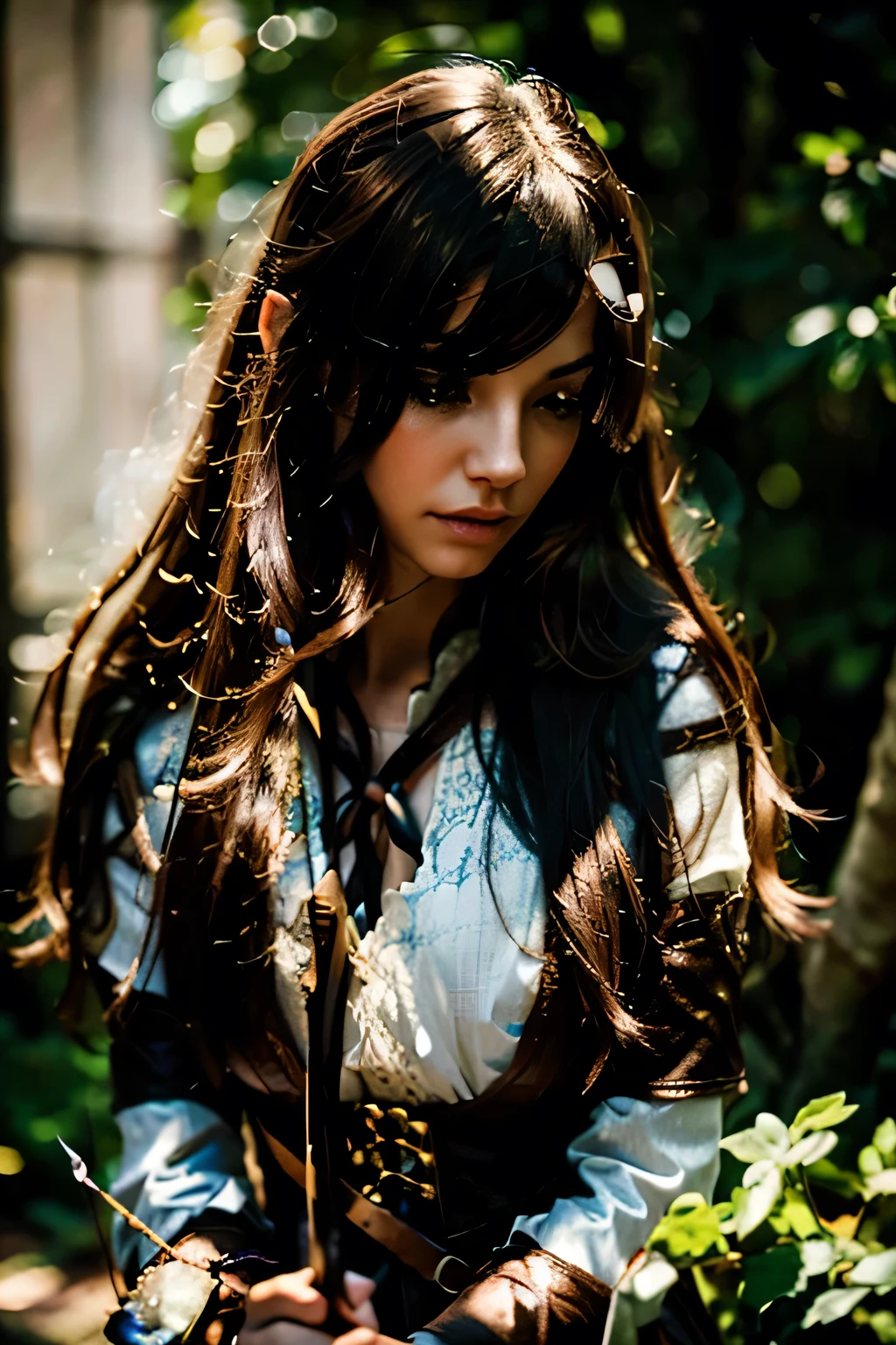 1girl, beautiful elven ranger woman, long brown hair, flat chest, flat breast, small, slim, skinny, holding quiver, bow and arrow, aiming bow, archer pose, looking down, (best quality,4k,8k,highres,masterpiece:1.2),ultra-detailed,(realistic,photorealistic,photo-realistic:1.37),extremely detailed facial features, long eyelashes, detailed eyes, detailed lips, cinematic lighting, vibrant colors, fantasy landscape background