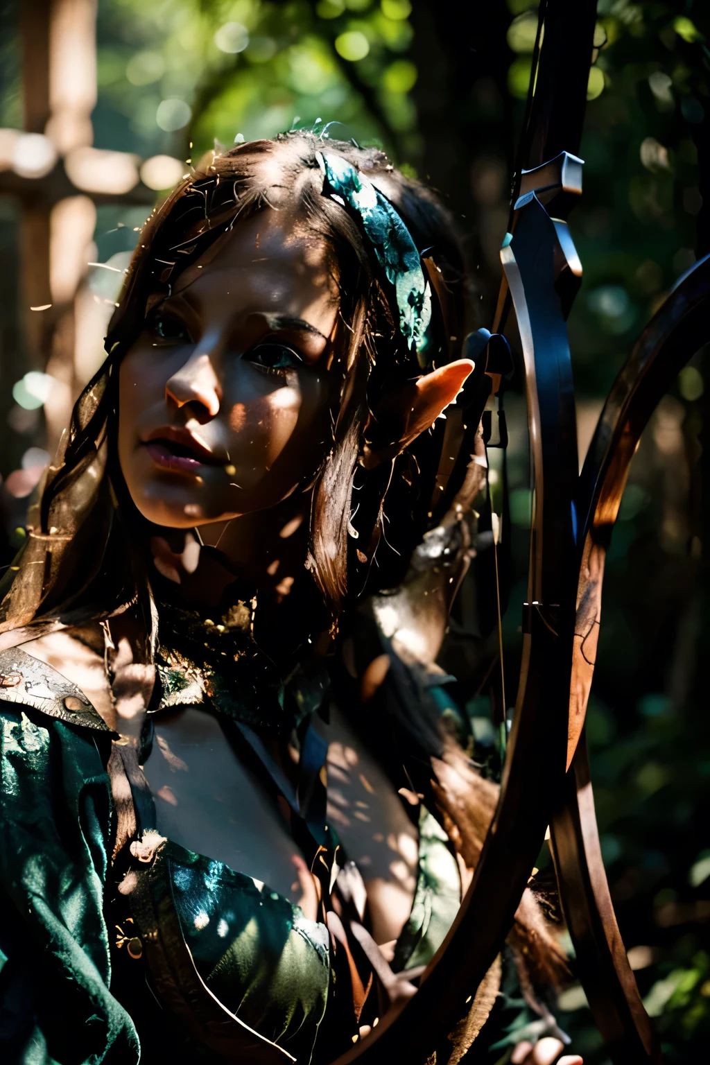 1girl, beautiful elven ranger woman, long brown hair, flat chest, flat breast, small, slim, skinny, holding quiver, bow and arrow, aiming bow, archer pose, looking down, (best quality,4k,8k,highres,masterpiece:1.2),ultra-detailed,(realistic,photorealistic,photo-realistic:1.37),extremely detailed facial features, long eyelashes, detailed eyes, detailed lips, cinematic lighting, vibrant colors, fantasy landscape background