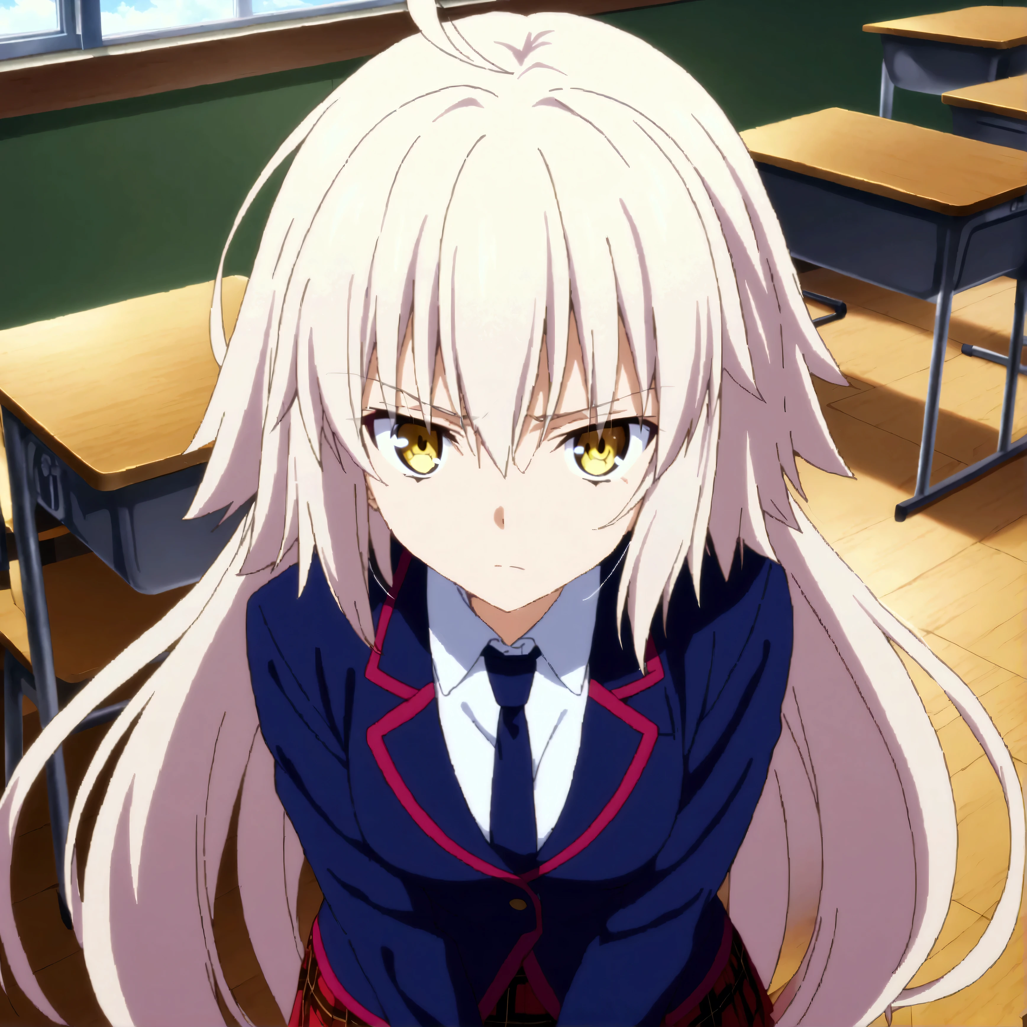 Jeanne D'Arc alter , High resolution, a girl, Alone , full view from head to toe, forehead, vertical, student, wide hair, planed hair , Skin and texture , Blue blazer, red plaid skirt , classroom , anime