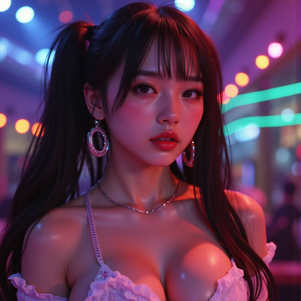 Cinema Lighting、(Key Light：Front 45 degree angle, Subsidy light、Backlight、Shadow、Blue and orange color palette), Accurate human body、Someone knowledgeable、Correct five-finger、RAW Photos、 4K - ultra-vivid、Highest quality, masterpiece, Ultra-high resolution, (reality: 1.4), 



(((Oilskin,Glowing Skin、Realistic skin texture、Beautiful skin in every detail、Shiny skin、Shiny skin)))、


Upper Body Shot, Low camera angle, Written boundary depth, Focus on the center, Fine Eyes, Perfect face and eyes、
jirai makeup girl、Hotel、Shining neon lights、ガールズBar clerk、Bar clerk、Serve alcohol、The interior is equipped with neon lights and ultraviolet black lights.、cyber- 、A white T-shirt that glows under black light、Big and ample breasts、Big cleavage、Hot pants in satin fabric、The interior of the store is like a spaceship,((Poolside at night:1.4)),((Lighting on face:1.1)),((Close-up of face:1.2)),((Delicately depicting the face:1.2)),((multicolored hair colors:1.3)),(Dreadlocks:1.5),(((Completely naked))),(((nsfw))),