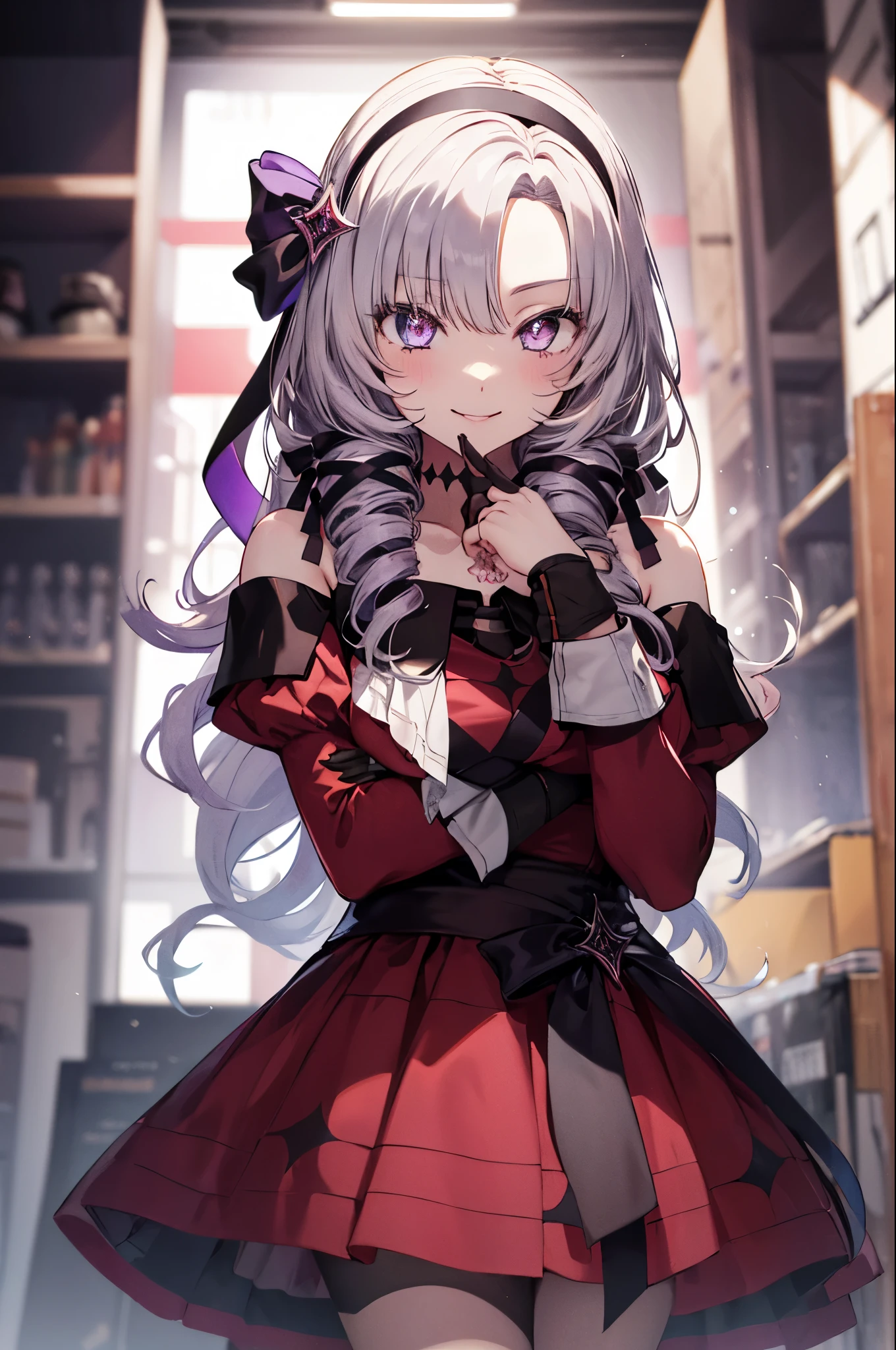 Upper body,1girl,solo,hmsalome, drill hair, parted bangs, black hairband, ribbon, purple eyes, large breasts, tattoo, red dress, long sleeves, bare shoulders, black gloves,standing,(curtsey:1.3),(skirt grab:1.3),(crossed legs),smile,masterpiece,Noise Reduction,perfect anatomy,high resolution, ultra-detailed, ultra-detailed face,game cg,dutch angle ,beautiful detailed eyes,visualart,five fingers, perfect hands, perfect lighting, sparkling pupils