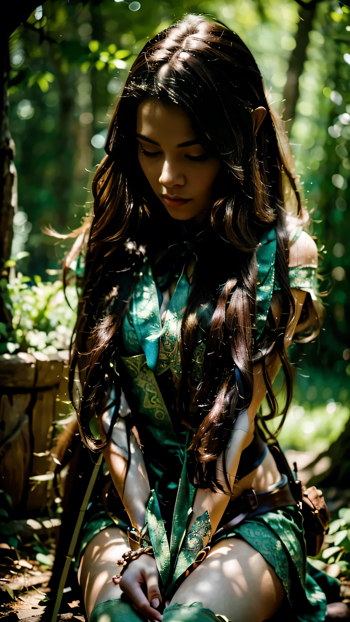 1girl, beautiful elven ranger woman, long brown hair, flat chest, flat breast, small, slim, skinny, holding quiver, bow and arrow, aiming bow, archer pose, looking down, (best quality,4k,8k,highres,masterpiece:1.2),ultra-detailed,(realistic,photorealistic,photo-realistic:1.37),extremely detailed facial features, long eyelashes, detailed eyes, detailed lips, cinematic lighting, vibrant colors, fantasy landscape background