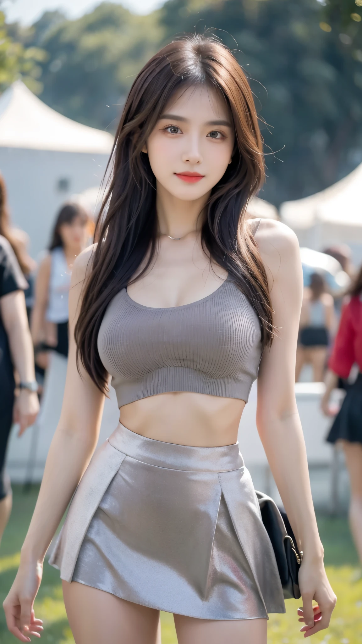 24-year-old woman、Hair color is black、Eye color is dark brown、Longhaire、Straight hair、Slender but well-proportioned muscular man、a smile、My abs are cracked、I can see the belly button、I'm wearing a necklace、accessories on wrist、Wearing an apron naked、a smile、wearing a lace choker