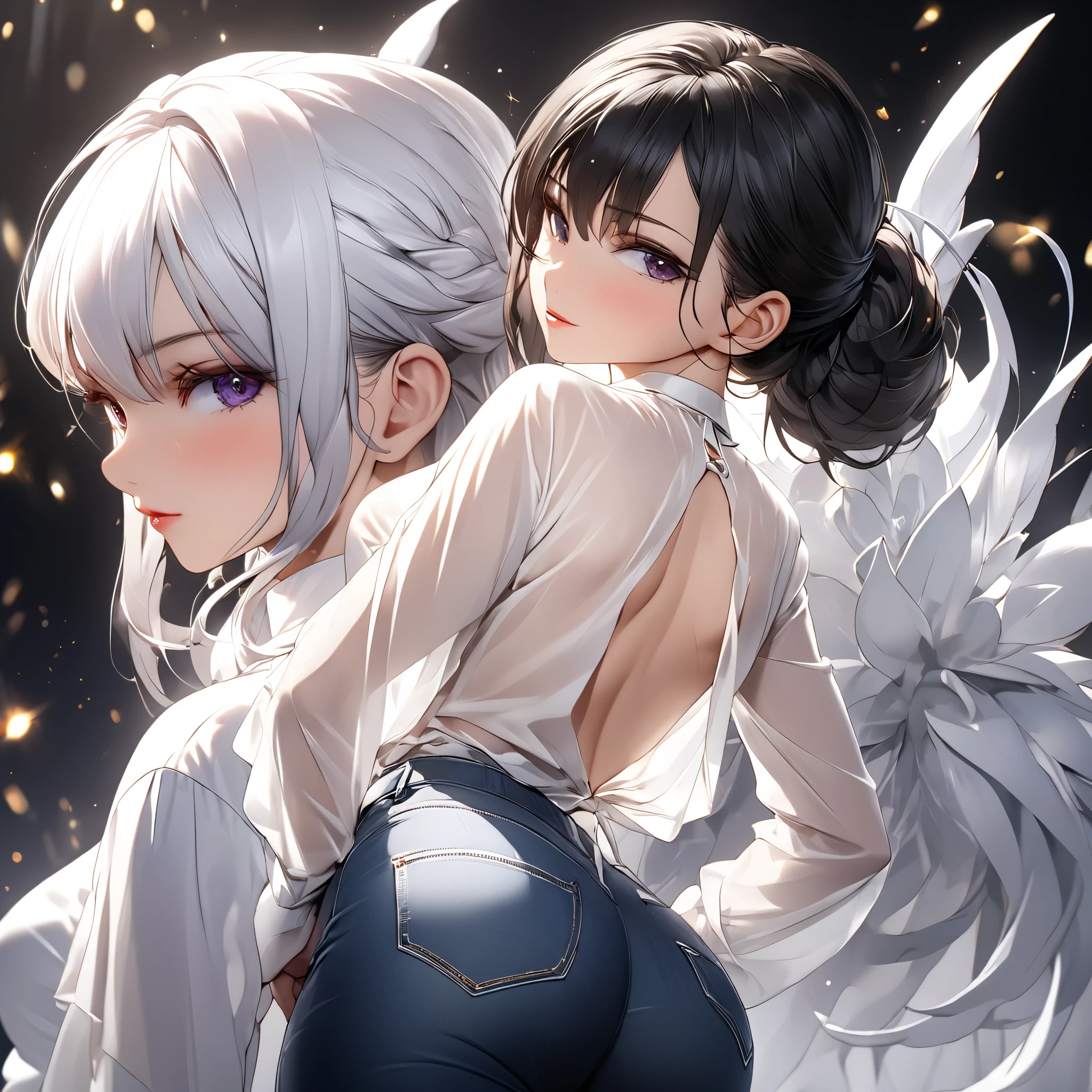 (beautiful girl:1.3),1girl,masterpiece,Highest quality,Ultra-high resolution,rich contrast,super high quality,8k,Highly detailed CG unit wallpaper,texture,Incredibly absurd,Ultra-high resolution,Highest quality anime,professional photograph,an extremely delicate and beautiful,RAW Photos,Depth of Field 1.2,ultra-detailed eyes,Glitter Effect,Beautiful glossy lips, 25years old, gorgeous legs, noise perfect, gorgeous ass, Gogo Tomago of the movie Big hero, from behind, background random, ( Looking Back), gorgeous ass, dynamic pose, skinny jeans, (translucent white blouse), long sleeves, low back, no bra, sensual woman, seductive woman, mature woman, Milf, maternal, shy look, full body, tomagodef,