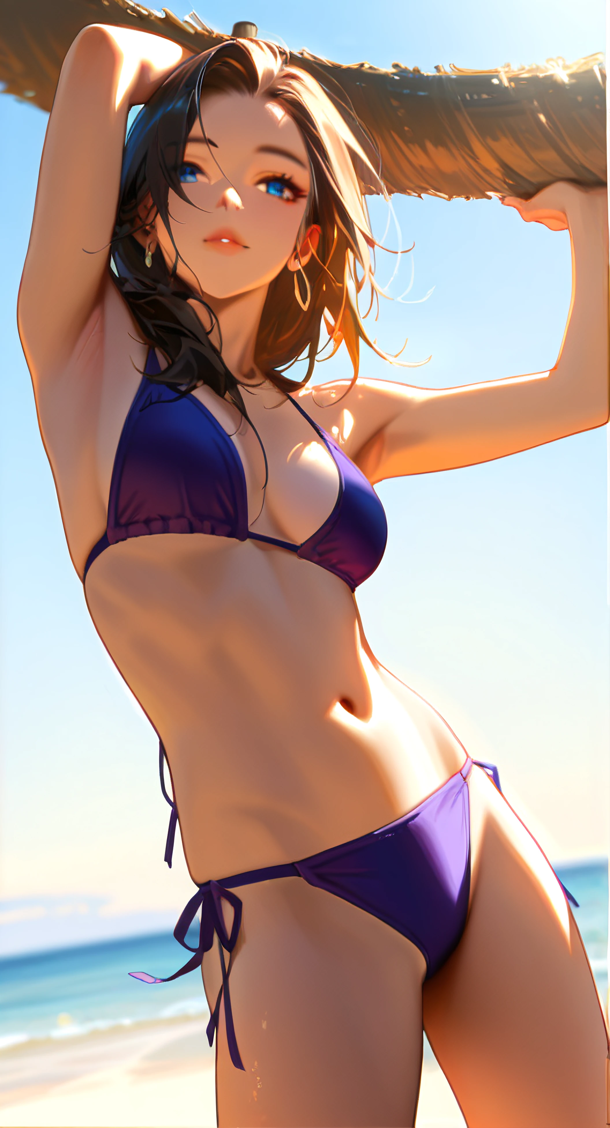 Masterpiece, highest quality, 4k, ultra detailed, beautiful American woman, brown hair, off shoulder bikini, skinny body, small breasts, standing at the beach