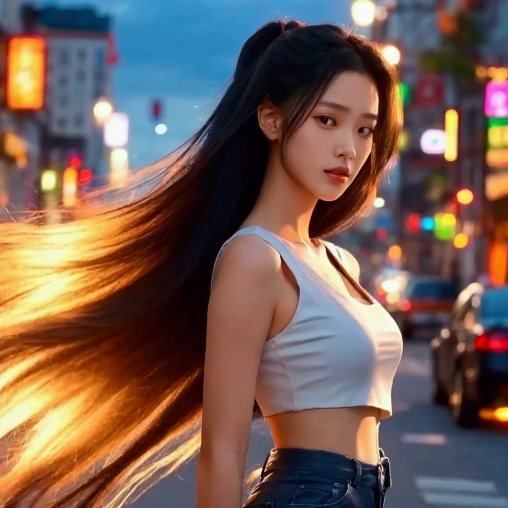 4K Ultra HD, masterpiece, very high quality, girl, 年齢 20歳 girl, good face, smooth face, fine eyes, beautiful hair, very long hair, hair band, cute look, modern clothes, pink shirt, black jeans, good shoes, Morning background, building, Light of the sun, Sunny, stylish look, Direct ×3.0 wet leodo,,perfect body,(lie:1.3)