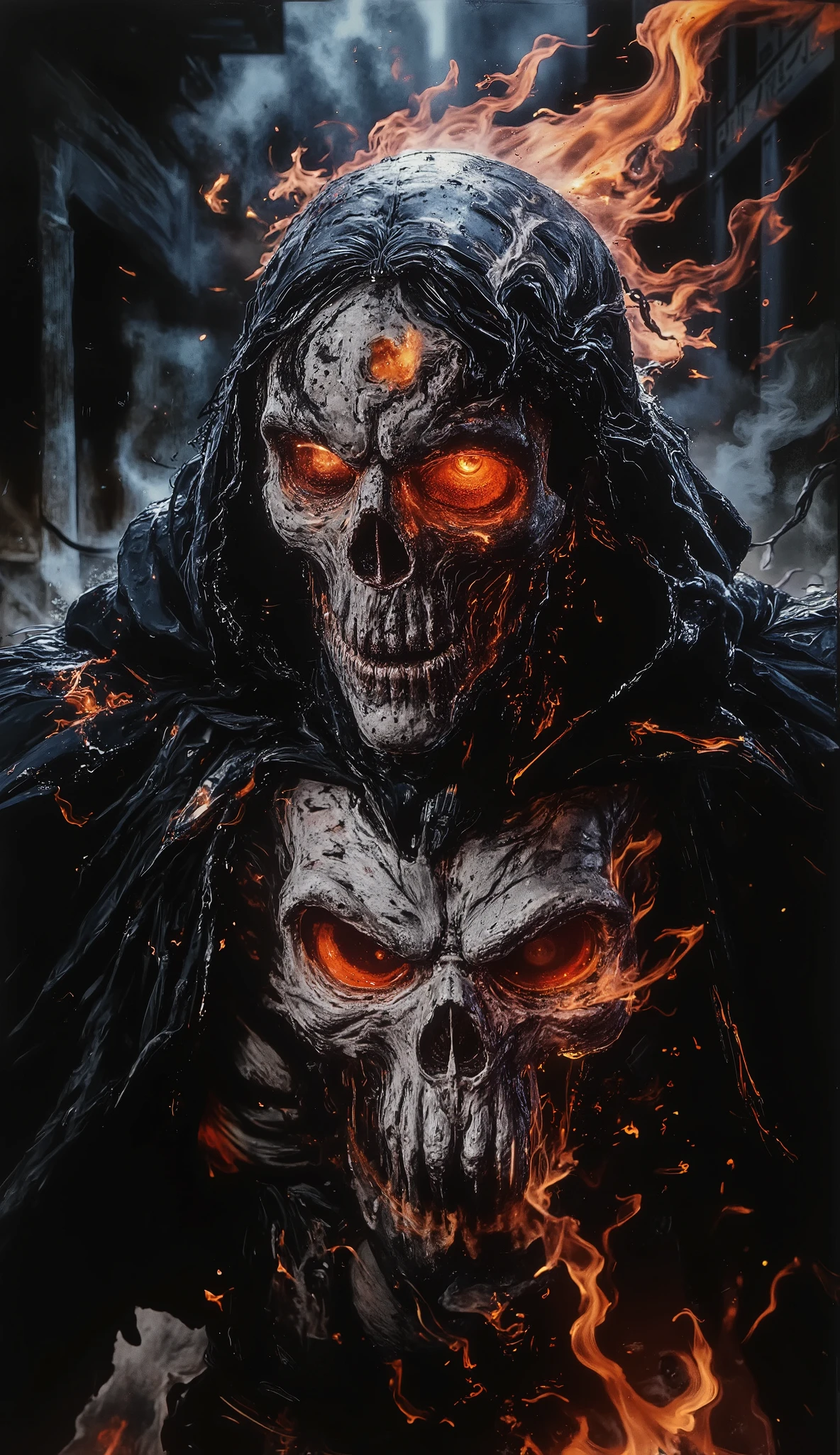 (best quality, 128k,highres,masterpiece:1.2),ultra-detailed,(realistic,photorealistic,photo-realistic:1.37), ((masterpiece)) ((photography)) ((Highest quality)) A monstrous version of The Punisher, with a skull-shaped head in the style of Ghost Rider, emerges from the shadows. His face is a terrifying fusion of bone and fire, glowing ominously. He wears a futuristic, heavily armored suit, sleek and dark, with glowing red and orange fire accents. The iconic Punisher symbol is painted in bold, striking white across his chest, extending across the entire front of the armor. The atmosphere is filled with tension and aggression, as this fearsome version of The Punisher exudes raw power, ready for battle in a world of chaos and destruction.