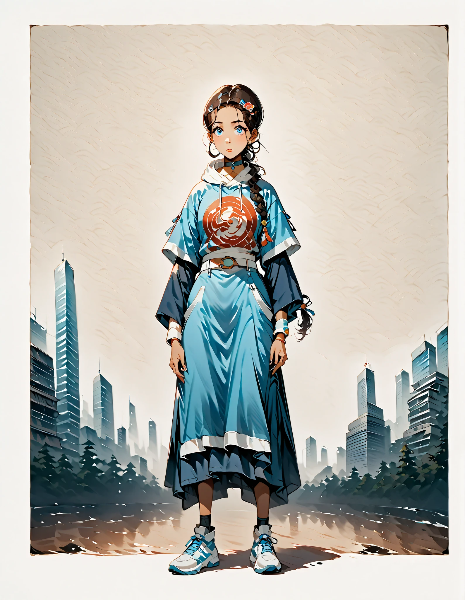 (((Ink Painting))), (((cyber city))), (((1 Girl))), (((whole body))), (((Very flashy hair accessories))), (((Very flashy makeup)))), Japan  ese pattern hoodie, Put your hands in your pockets, Japan  人の美女, Delicate and precise, Modern ukiyo-e style,Japan ,  [avatar the last airbender], Warm brown skin, bright blue eyes, dark brown hair in a braided ponytail, black legwear, blue dress, white fur with white belt in the center, leggings, white fur-lined shoes, ,  1girl , Alone, black hair, blue eyes, dark skin,  hair ornament,