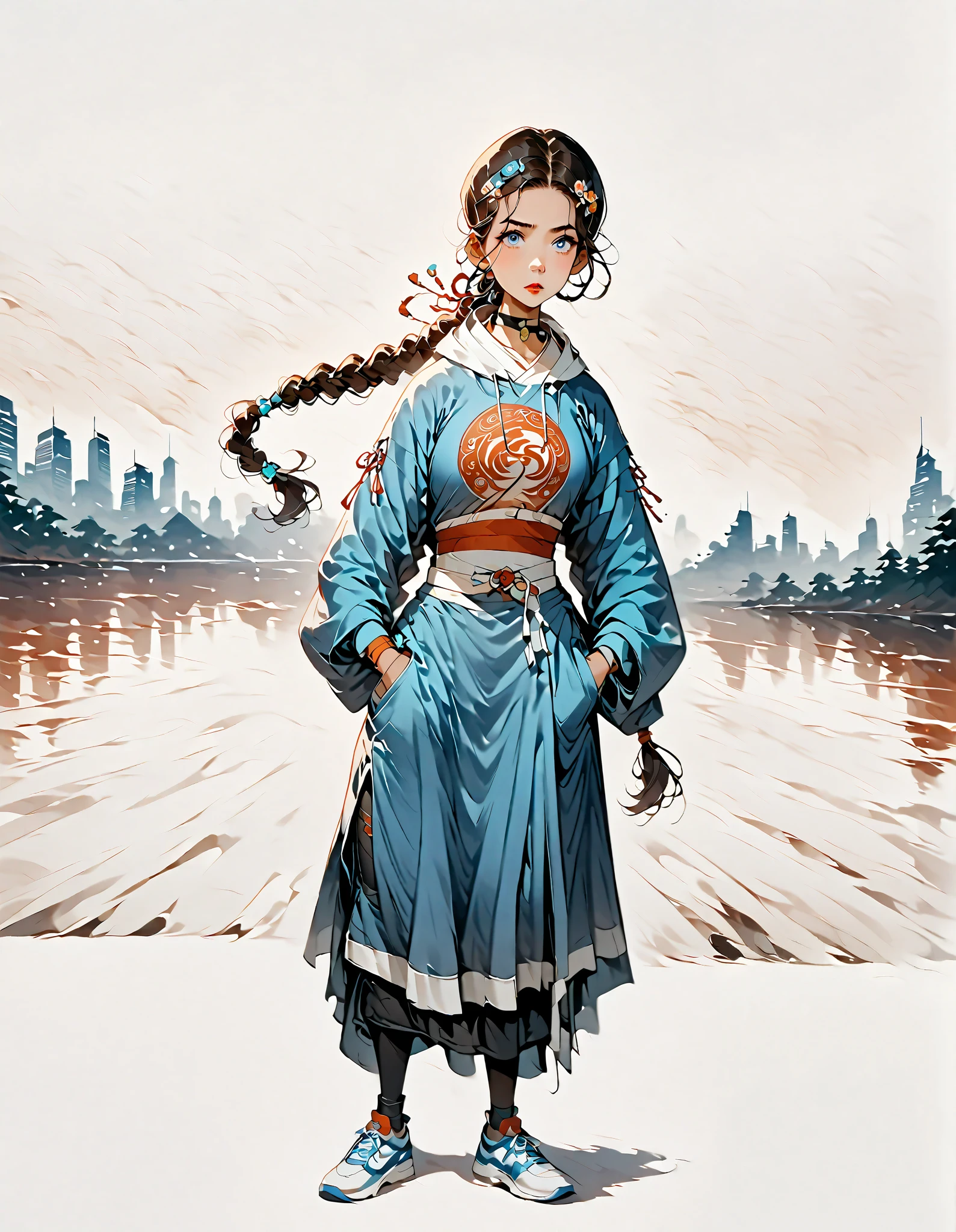 (((Ink Painting))), (((cyber city))), (((1 Girl))), (((whole body))), (((Very flashy hair accessories))), (((Very flashy makeup)))), Japan  ese pattern hoodie, Put your hands in your pockets, Japan  人の美女, Delicate and precise, Modern ukiyo-e style,Japan ,  [avatar the last airbender], Warm brown skin, bright blue eyes, dark brown hair in a braided ponytail, black legwear, blue dress, white fur with white belt in the center, leggings, white fur-lined shoes, ,  1girl , Alone, black hair, blue eyes, dark skin,  hair ornament,