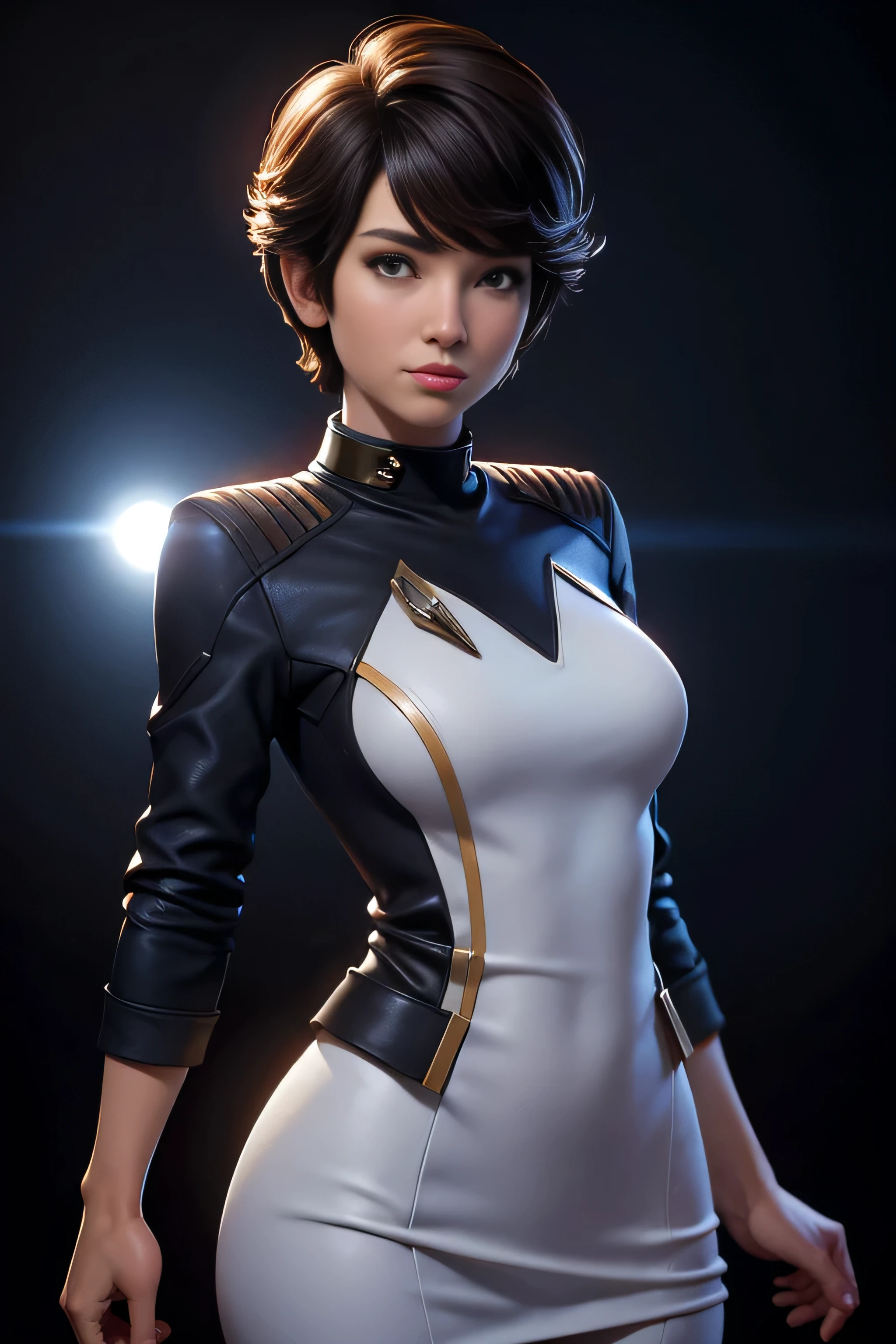 Female crew member of the Star Trek starship Enterprise, short hair , brown eyes, confident, firm stance, confident expression, masterpiece , super detail, lyrics, movie lighting, plain white background , without patterns, No textures.