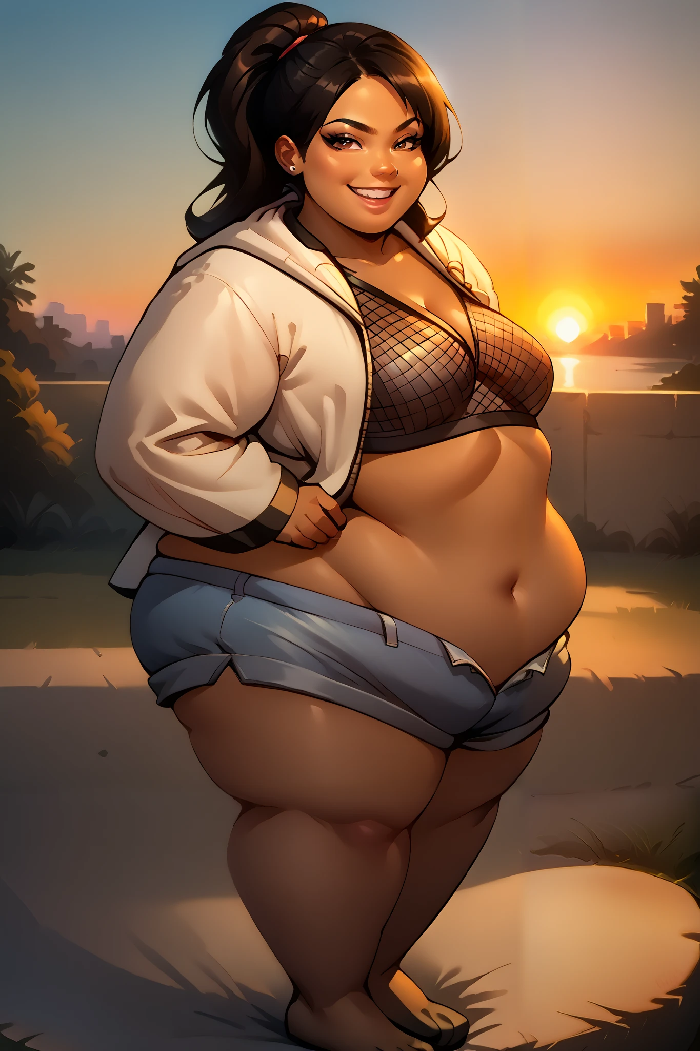 masterpiece, best quality, score_9, score_8_up, score_7_up, source_anime, full body, 1girl, Asian, brown skin, midriff, smug, smile, detached sleeves, cleavage, fishnet top, short shorts, open hoodie, sunset