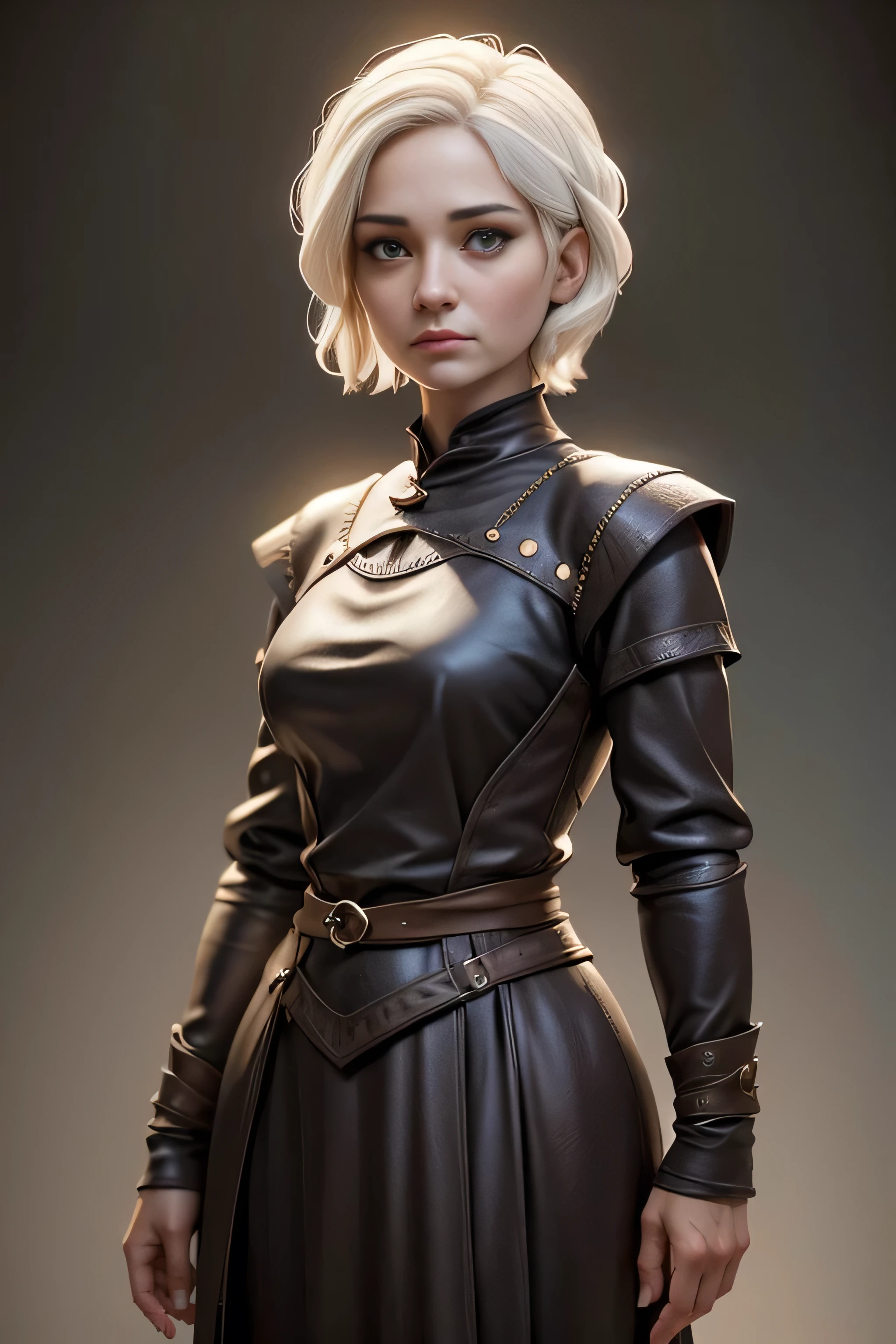 Middle Age Woman Game of Thrones,  short hair , brown eyes, confident, firm stance, confident expression,   masterpiece , super detail,  lyrics,  movie lighting,  plain white background , without patterns, No textures.