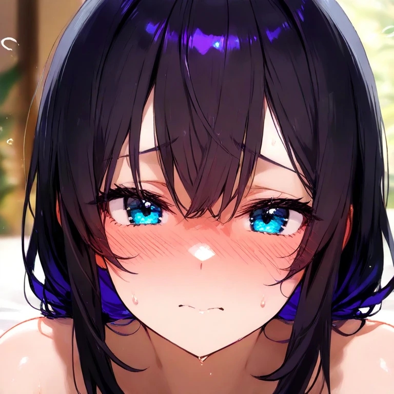 (masterpiece)、(absurdres)、(ultra detailed)、BREAK,gradation effect::1.2、(solo adult lady)、BREAK,shiny black hair、shiny purple eyes、short highponytail、from front,1white ribbon:1.small breast:0.8、closeup head、split shot、half-closed eyes,Night sea and beach background、BREAK,Yellow floral print strapless bikini:1.3、BREAK,Night starry sky:2,Moonlit Night