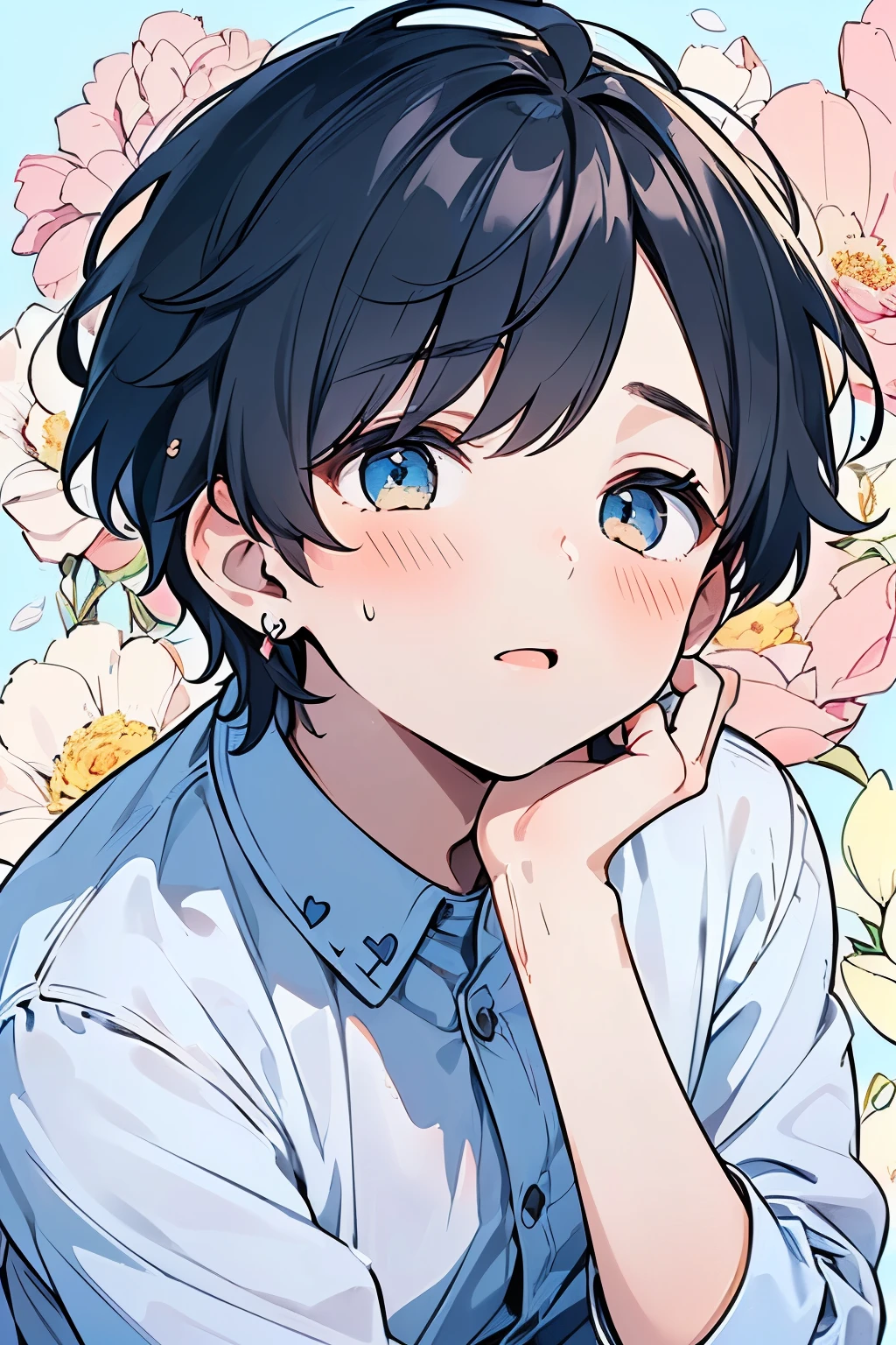 ((1-boy :1.2)),((An adult man with sex appeal:1.5)),masterpiece, best quality,short hair, black hair,(portrait),white costume,(pop and cute flower pattern background), (blossom),(Light blue,yellow,white),looking front,((Large and gorgeous earrings:1.1)),(With eyes closed:1.35),(hand to own mouth:1.2),((upper body)),((Looking up:1.2)),((heart:1.2)),(((looking viewer:1.0))),