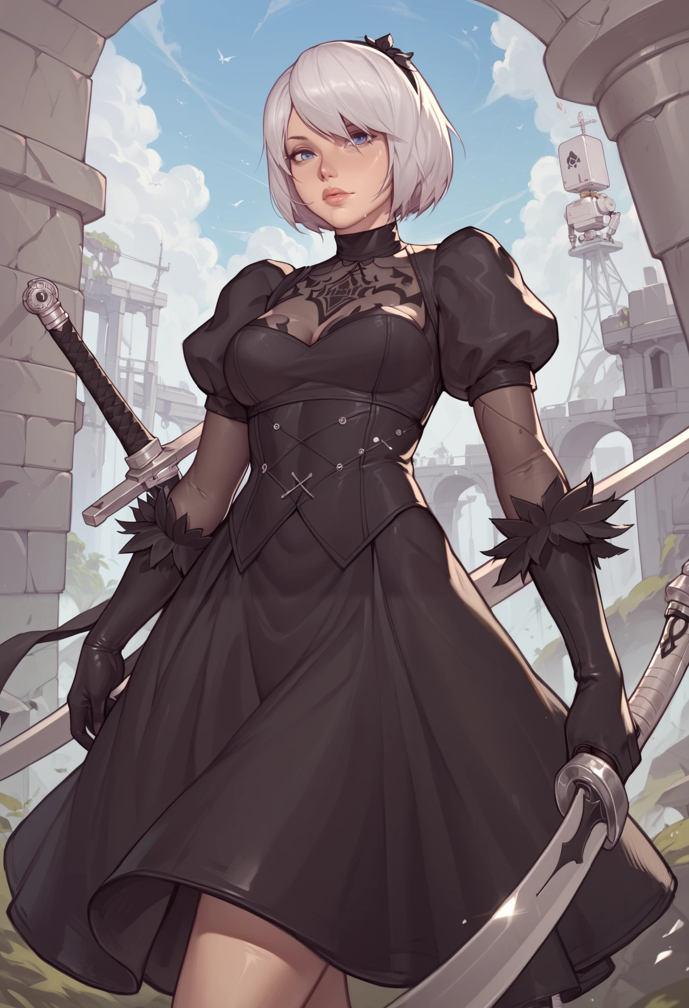 2B Nier Automata with her 2 swords dressed in a gothic style
