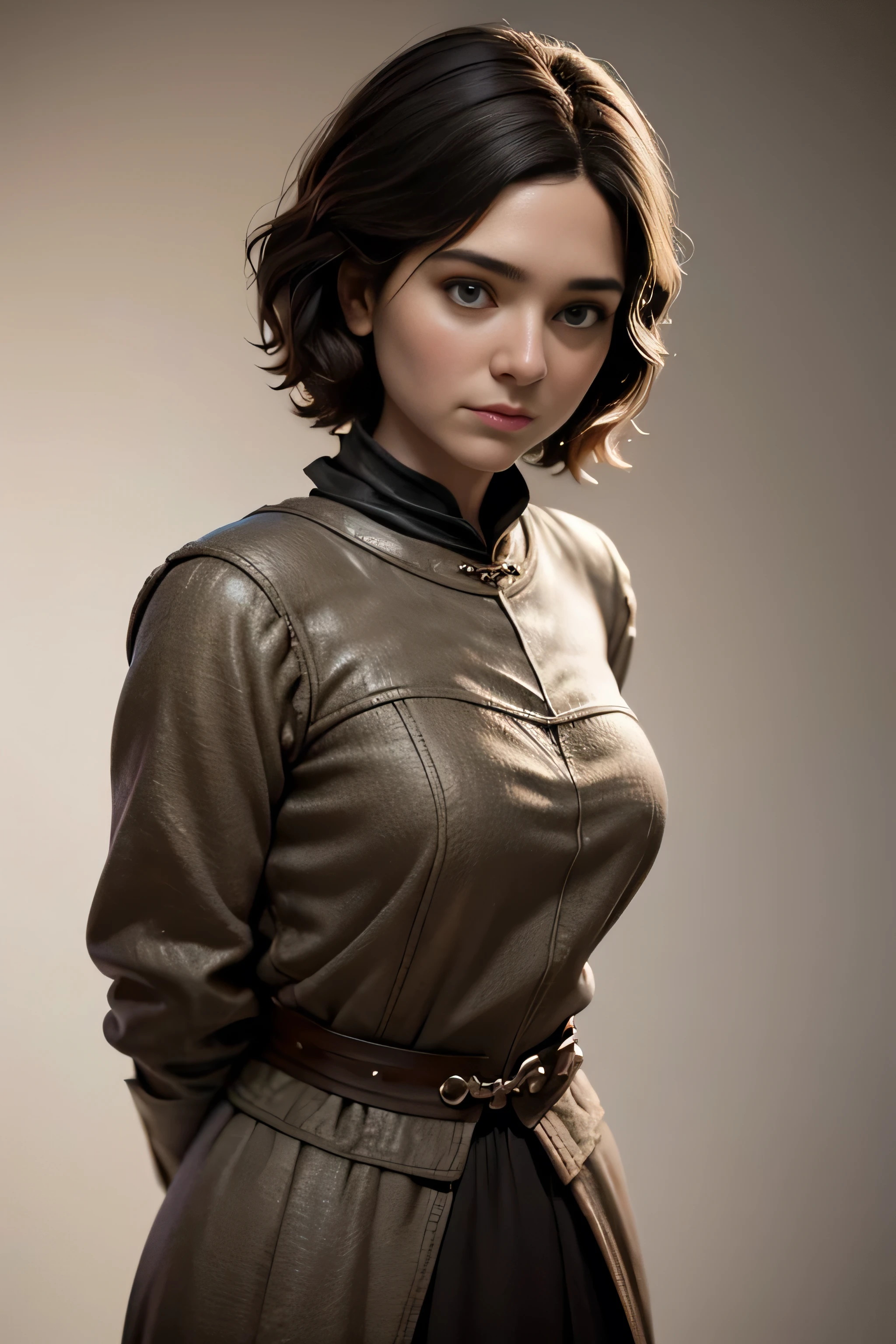 Middle Age Woman Game of Thrones, short hair , brown eyes, confident, firm stance, confident expression, masterpiece , super detail, lyrics, movie lighting, plain white background , without patterns, No textures.
