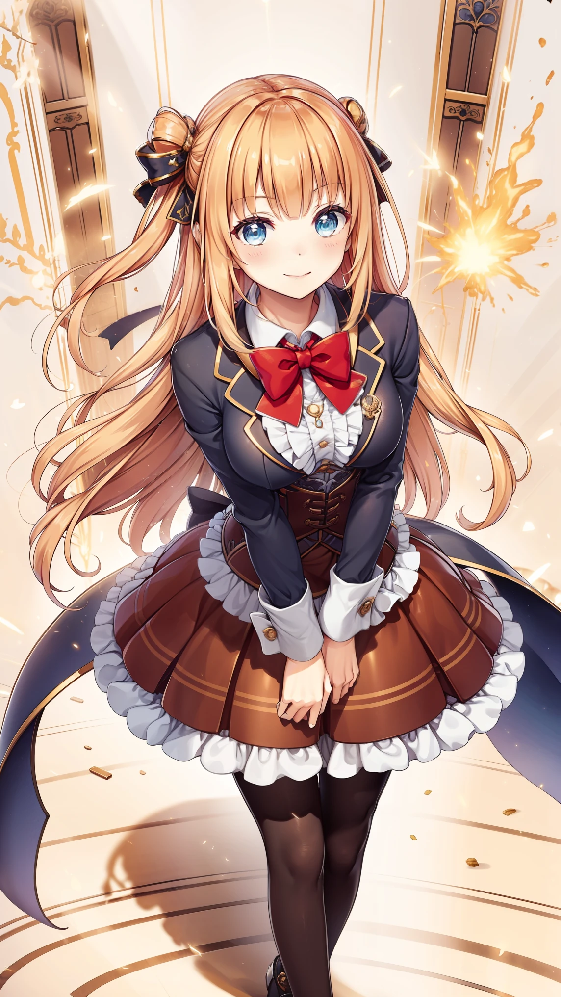 The picture is a cartoon-style photo , unique , 1 Girl, skirt, long hair, have, whole body, blue eyes, bow, top have, mini have, mini top have, spark, sidelocks, brown skirt, mature temperament , very long hair, Smile, is viewing viewers , simple background, bowtie, frills, bangs, white background , pantyhose, Shut up, Standing, shoe