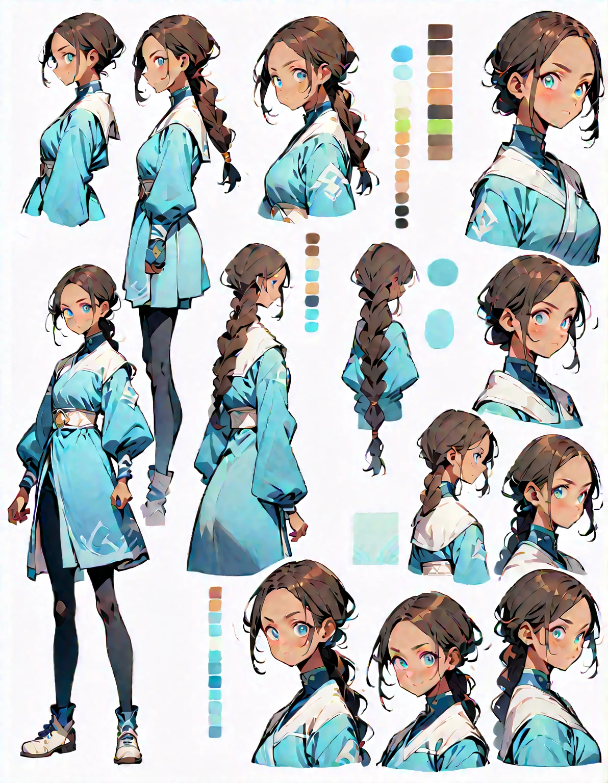 reference sheet, simple white background, (color guide:1.2), (multiple views), (full body), dynamic pose,, Katara [Avatar The Last Airbender], Warm brown skin, bright blue eyes, dark brown hair in a braided ponytail, black legwear, blue dress, white fur with white belt in the center, leggings, white fur-lined shoes, katara, 1girl, solo, black hair, blue eyes, dark skin, hair ornament,