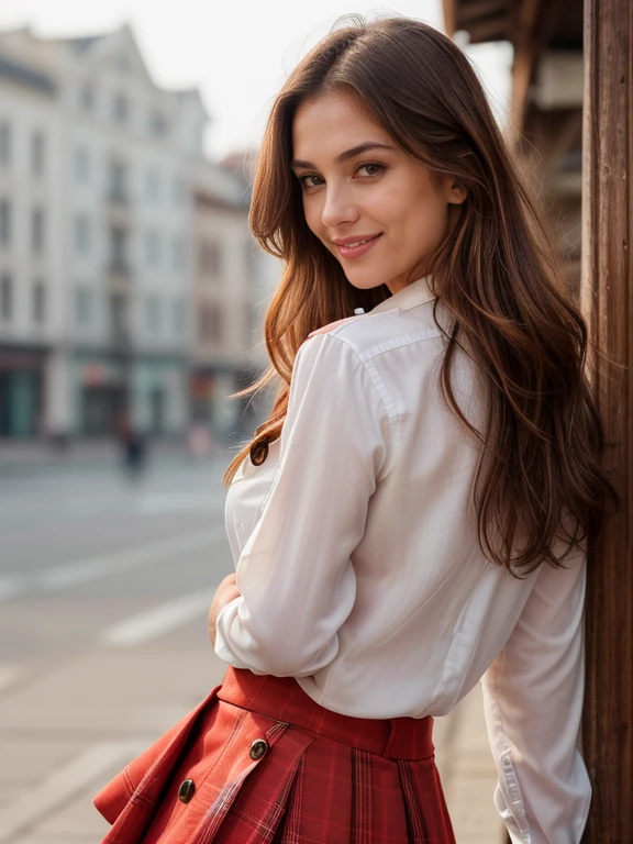 a raw professional portrait photograph of a woman, brown hair, white shirt, on a street, (photorealistic), fujiFilm XF3