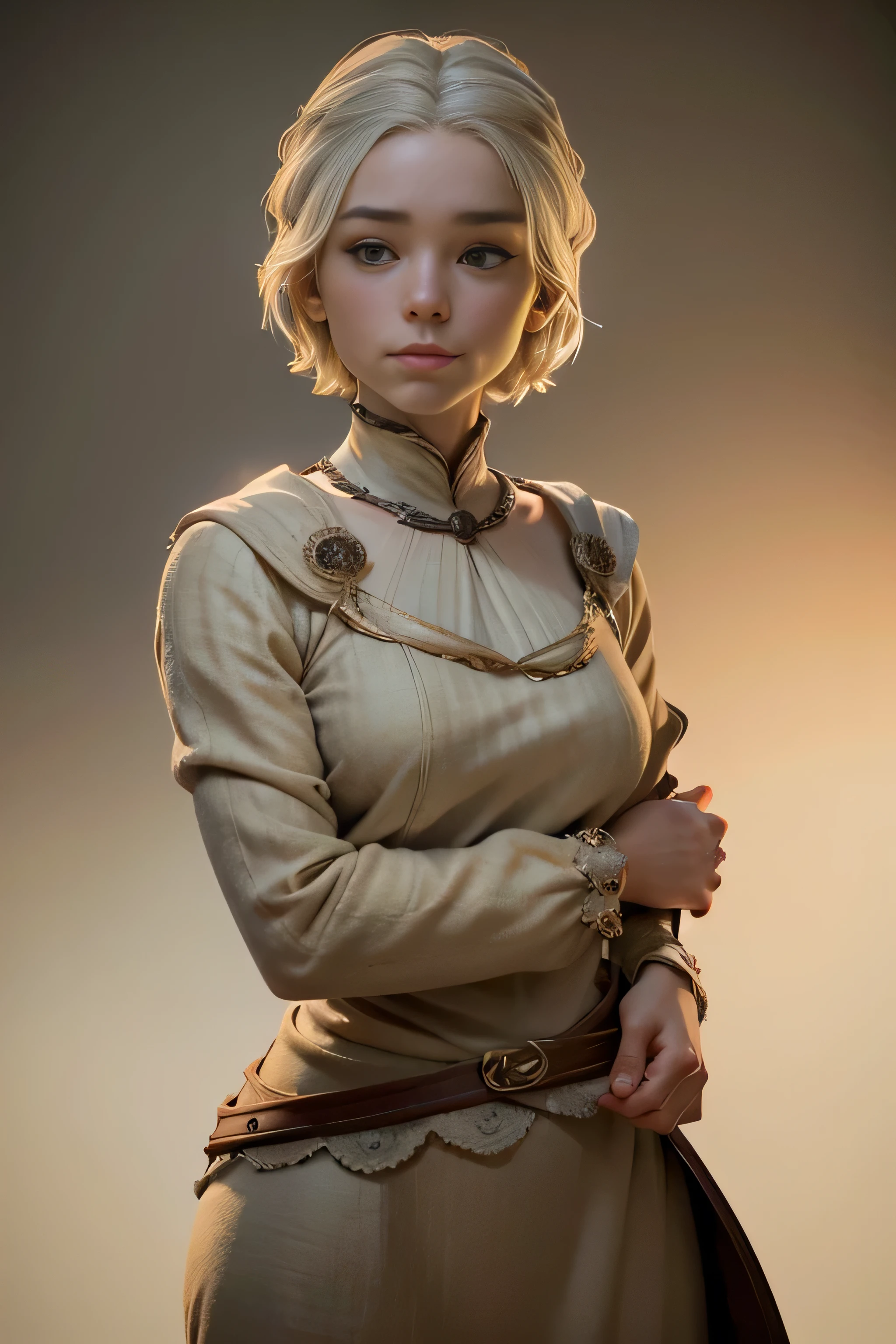 Middle Age Woman Game of Thrones,  short hair , brown eyes, confident, firm stance,  safe expression,   masterpiece , super detail,  lyrics,  cinematographic lighting,  plain white background , without patterns, No textures.