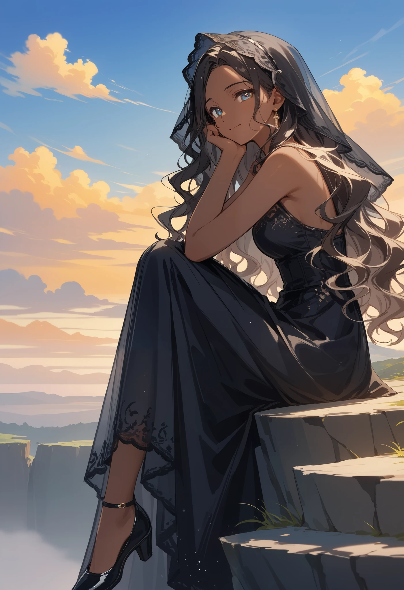 score_9, score_8_up,score_7_up,source_anime,source_comic,source_illust,(sideview,looking ai viewer:1.3),smile,solo,(closed up beautiful face),standing,(fullbody),(white wavy hair,parted bangs),(dark skin:1.3),eyelash, mourning full dress, headrest black veil, funeral, grave marker, cliff, blue sky, clouds, sad expression, official art, golden sky, nostalgic scene, you in my memories, (manga style), (sketch), (illustration) ,