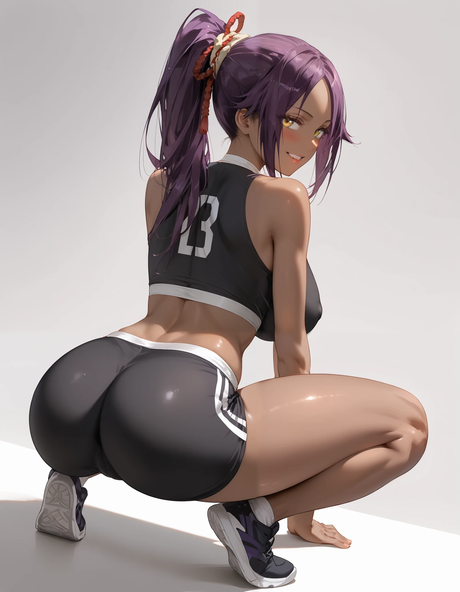 Yoruichi, Yoruichi Shihoin, long hair, yellow eyes, ponytail, purple hair, dark skin, dark-skinned female, photorealistic, detailed coloring, anime style, detailed high quality, chromatic aberrations, ultra detailed quality skin, detailed ray tracing lighting, masterpiece、 best quality、masterpiece, high definition , 8K quality, perfect face, 1 girl, beautiful face, beautiful detailed eyes, Alone, (very cute face), スレンダー、引き締まったウエスト、美しい顔, smile, (nose blush, leaning forward, hand on knees, full body, arched back, looking back, back shot, ass focus:1.2), red cheek, huge breasts, large butt, looking at viewer, hair slicked back, collarbone, Staring at the viewer, (crop top, sport shorts, black clothes, covered nipples), cowboy shot, ass line, dynamic angle, sexy pose, sensual expression, sensual pose, Gradient Background, simple background,