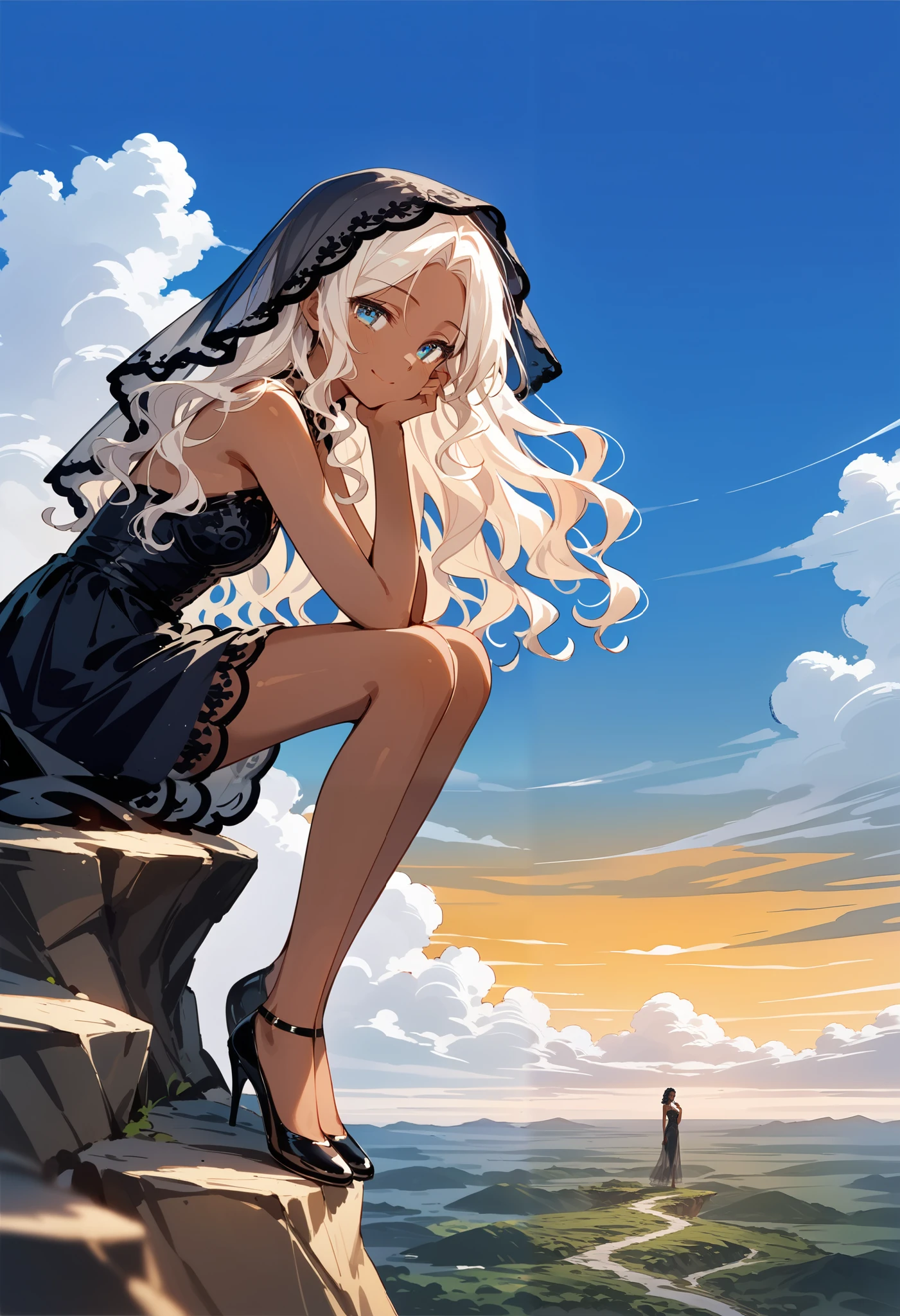score_9, score_8_up,score_7_up,source_anime,source_comic,source_illust,(sideview,looking ai viewer:1.3),smile,solo,(closed up beautiful face),standing,(fullbody),(white wavy hair,parted bangs),(dark skin:1.3),eyelash, mourning full dress, headrest black veil, funeral, grave marker, cliff, blue sky, clouds, sad expression, official art, golden sky, nostalgic scene, you in my memories, (manga style), (sketch), (illustration) ,