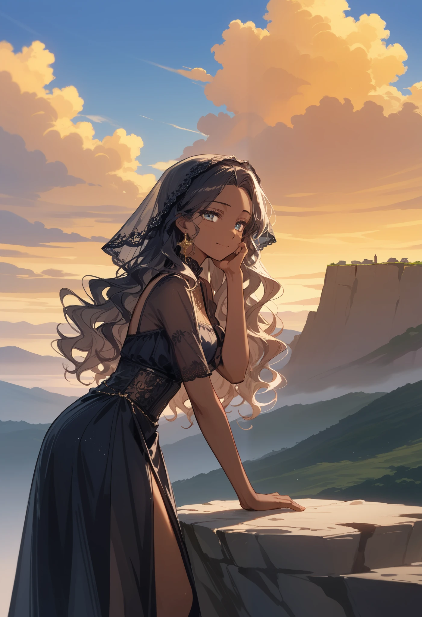 score_9, score_8_up,score_7_up,source_anime,source_comic,source_illust,(sideview,looking ai viewer:1.3),smile,solo,(closed up beautiful face,standing,fullbody),(white wavy hair,parted bangs),(dark skin:1.3),eyelash, mourning full dress, headrest black veil, funeral, grave marker, cliff, blue sky, clouds, sad expression, official art, golden sky, nostalgic scene, you in my memories, (manga style), (sketch), (illustration) ,