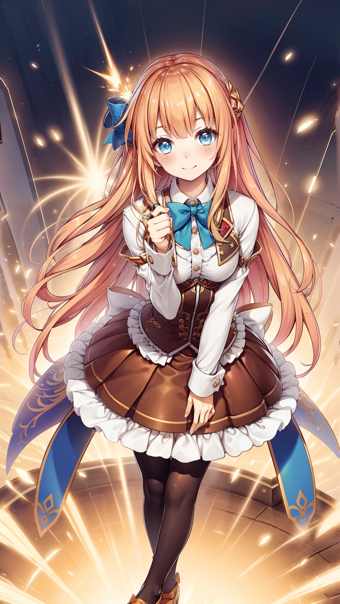  The picture is a cartoon-style photo ， unique , 1 Girl, skirt,  long hair, have, whole body,  blue eyes, bow, top have, mini have, mini top have, spark, sidelocks, brown skirt,  mature temperament , very  long hair,  Smile,   is viewing viewers  ,  simple background, bowtie, frills,  bangs,    white background , pantyhose, Shut up, Standing, shoe