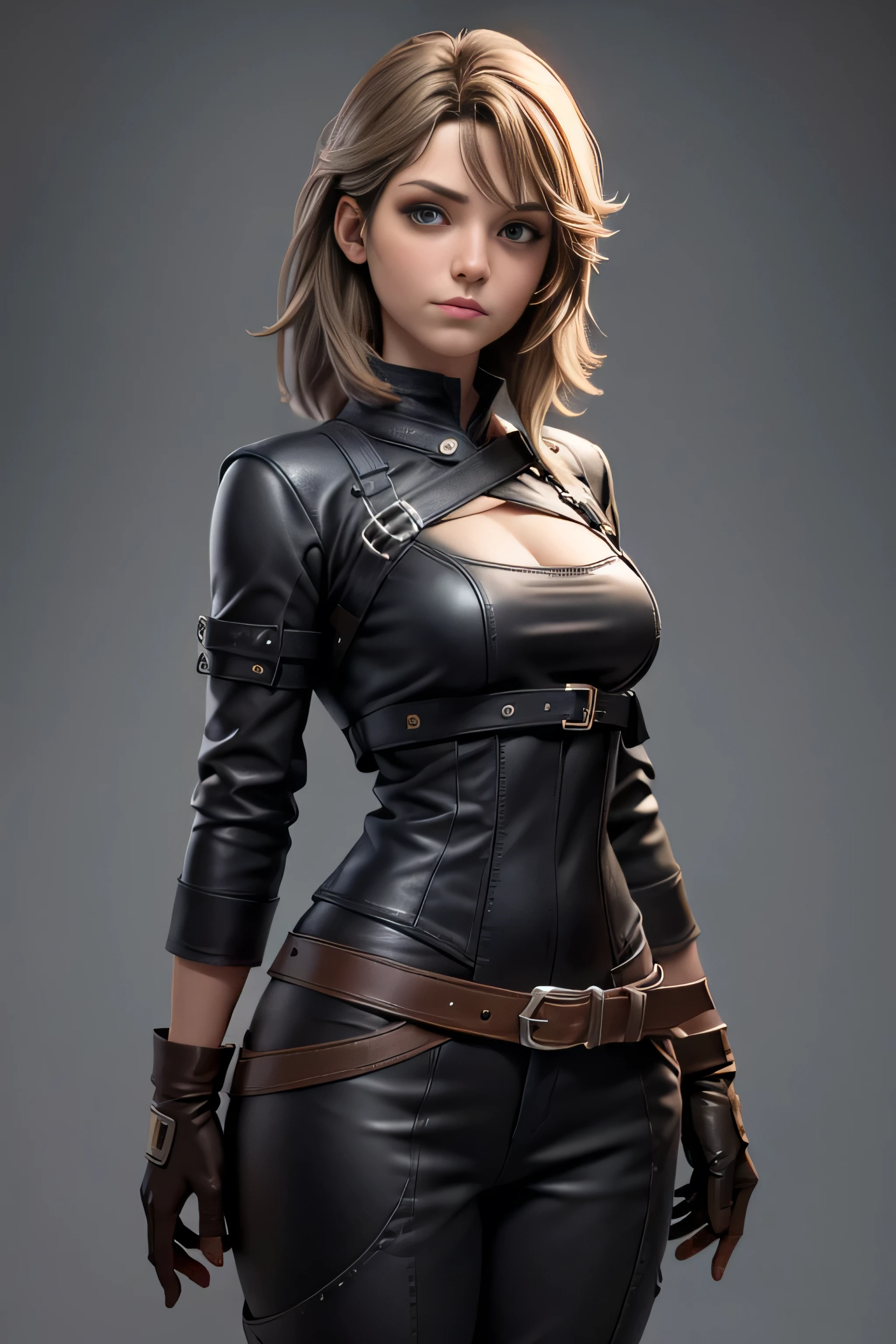 adult woman,  dark brown eyes ,  shaggy blond hair ,  gray leather clothing , Capelina , Gloves, if, straps,  masterpiece , super detail,  lyrics,  cinematic lighting ,  plain white background , without patterns, No textures.
