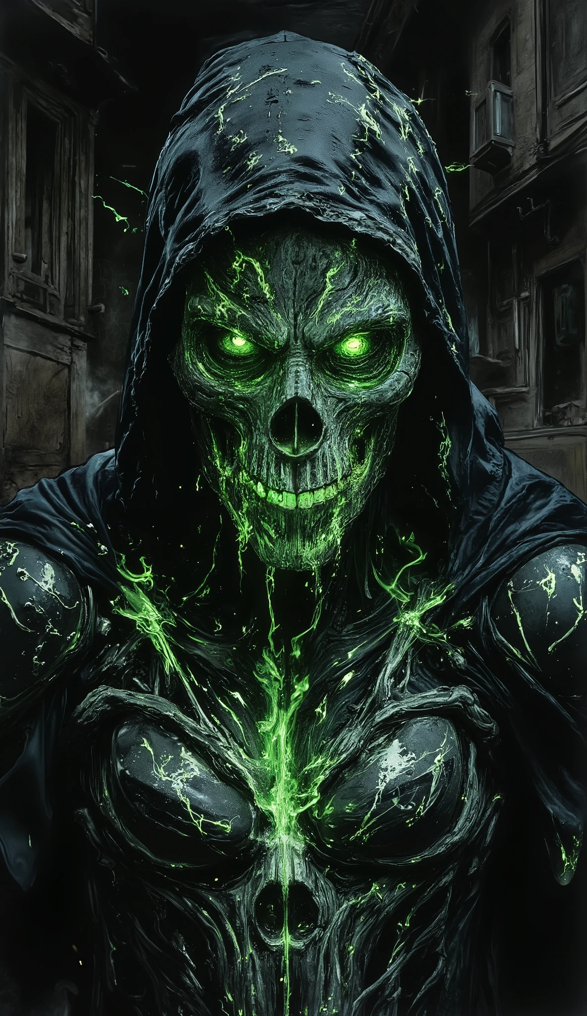 (best quality, 128k,highres,masterpiece:1.2),ultra-detailed,(realistic,photorealistic,photo-realistic:1.37), ((masterpiece)) ((photography)) ((Highest quality)) A monstrous version of The Punisher, with a skull-shaped head in the style of Ghost Rider, emerges from the shadows. His face is a terrifying fusion of bone and fire, glowing ominously. He wears a futuristic, heavily armored suit, sleek and dark, with glowing green fire accents. The iconic Punisher symbol is painted in bold, striking white across his chest, extending across the entire front of the armor. The atmosphere is filled with tension and aggression, as this fearsome version of The Punisher exudes raw power, ready for battle in a world of chaos and destruction.