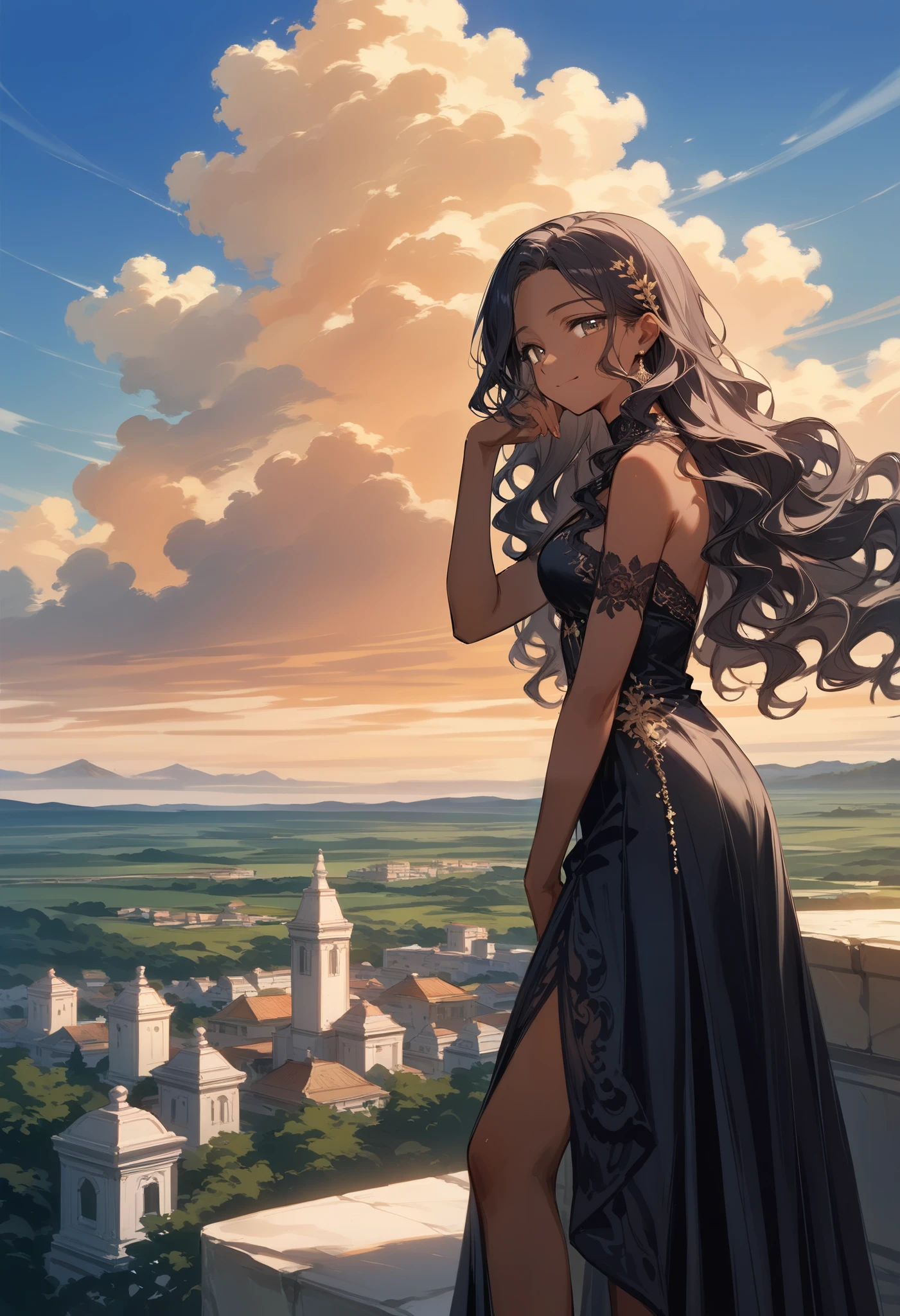 score_9, score_8_up,score_7_up,source_anime,source_comic,source_illust,(sideview,looking ai viewer:1.3),smile,solo,(closed up beautiful standing fullbody:1.3),(white wavy hair,parted bangs),(dark skin:1.3),eyelash, mourning full dress, headrest black veil, funeral, grave marker, cliff, blue sky, clouds, sad expression, official art, golden sky, nostalgic scene, you in my memories, (manga style), (sketch), (illustration) ,