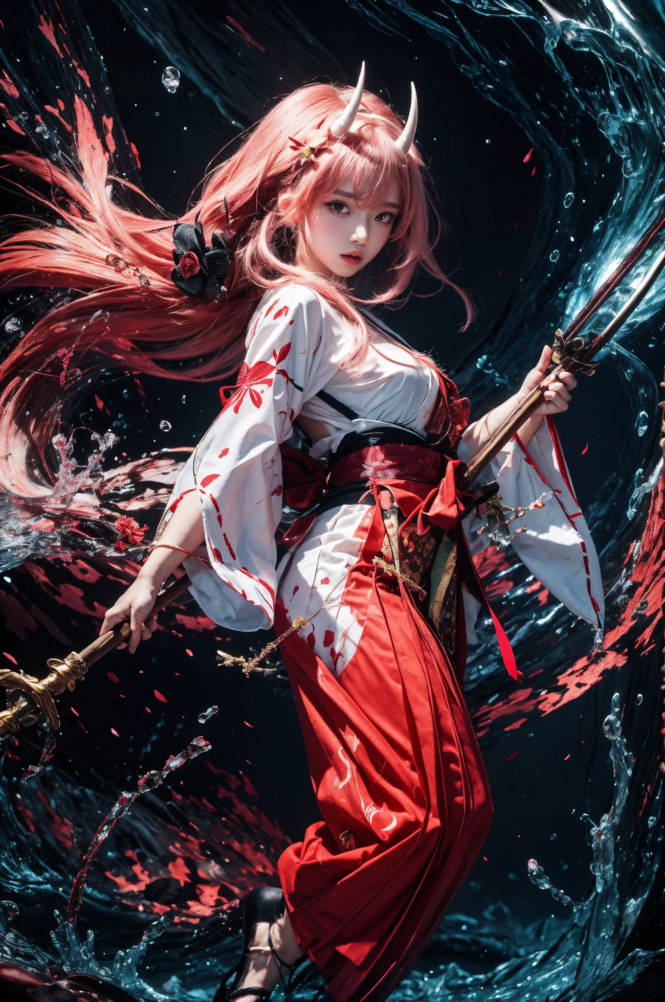 ((Best Quality)), (((Masterpiece)), (High Resolution), Original, Extremely Detailed 8K Wallpaper, [An Extremely Delicate Beautiful Girl, Long White Hair, Red Hanfu, Heroic Battle: 1.3)], (Beautiful Detailed Red Eyes), World Masterpiece Theater, Beautiful Detailed Garden, Fluttering Detailed Petals, Growing, Melting, Abstract, Girl with Long White Hair, Small Breasts, Messy Hair, Red Eyes, Long Sleeves, Red Clothes, Oversized Clothes Are Melting and Splashing], River splashing, Water Splash, Splash, Hyperdetail, Backlight, Sand, Water, Black Background, Dust, Water Splash, (((Ink Painting Style))), (((Chinese Brush Painting))), Dynamic Perspective, Dramatic Composition, Cinematic Lighting
