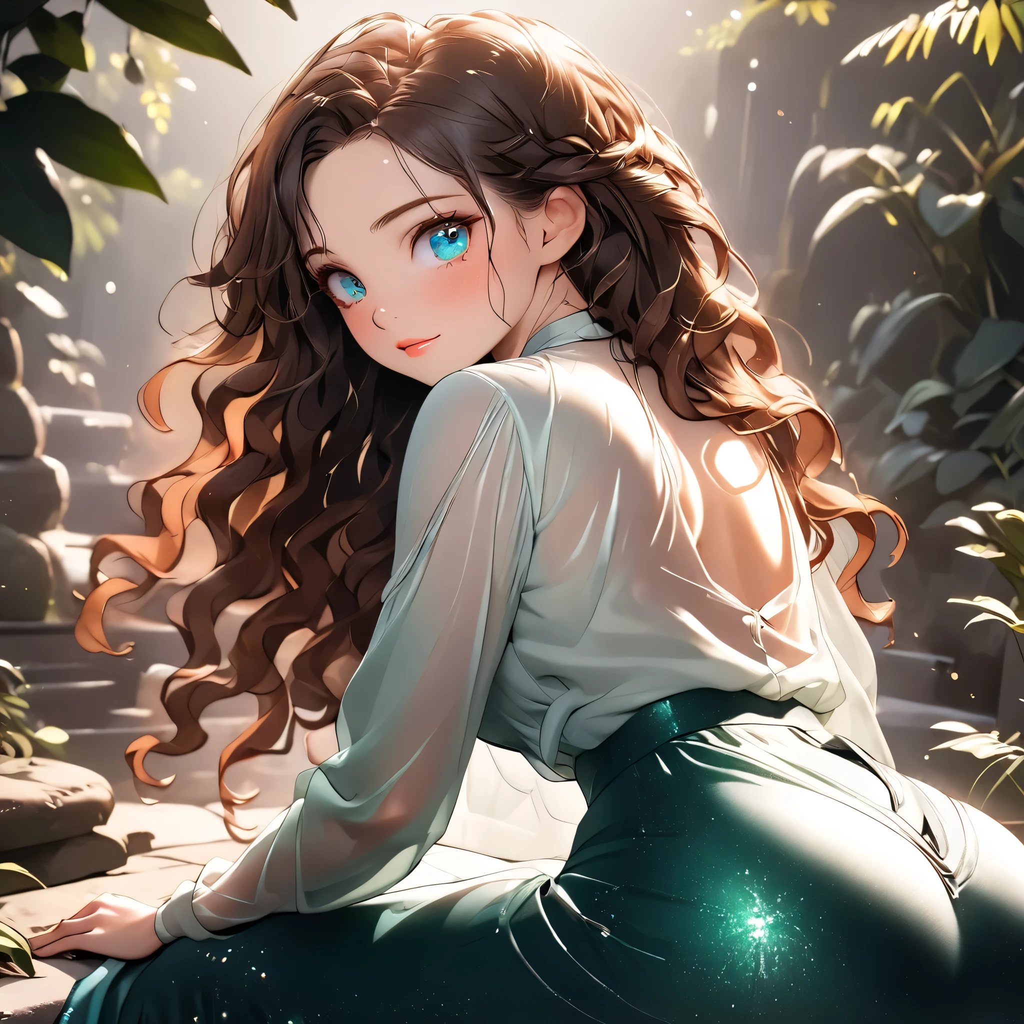 (beautiful girl:1.3),1girl,masterpiece,Highest quality,Ultra-high resolution,rich contrast,super high quality,8k,Highly detailed CG unit wallpaper,texture,Incredibly absurd,Ultra-high resolution,Highest quality anime,professional photograph,an extremely delicate and beautiful,RAW Photos,Depth of Field 1.2,ultra-detailed eyes,Glitter Effect,Beautiful glossy lips, 25years old, gorgeous legs, noise perfect, gorgeous ass, from behind, background random, ( Looking Back), gorgeous ass, dynamic pose, skinny jeans, (translucent white blouse), long sleeves, low back, no bra, sensual woman, seductive woman, mature woman, Milf, maternal, shy look, full body, MeridaXLPfreckles, green dress, long sleeves, long skirt ,cleavage, wavy hair,