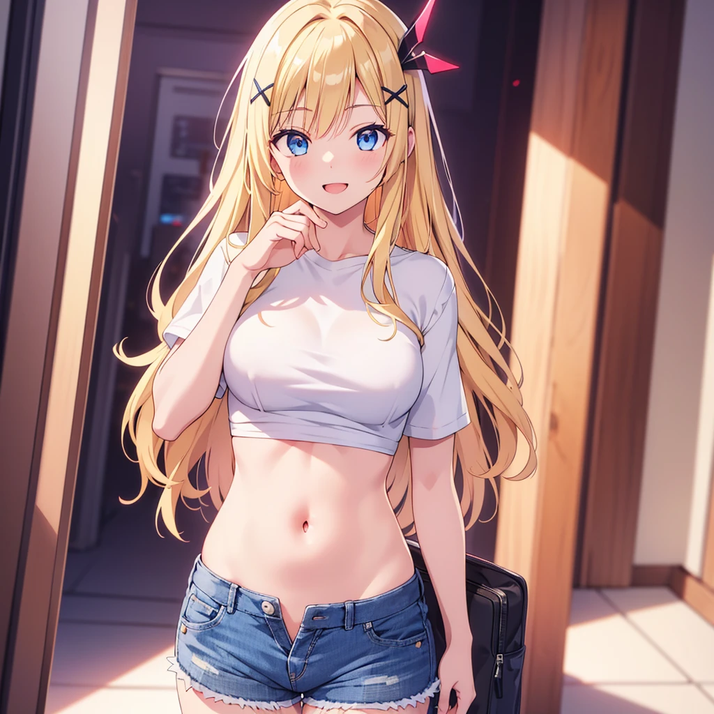 1woman, shocked expression,Mouth open,super beautiful,cute,very detailed face, HD face, perfect face,black t-shirt,short sleeve t-shirt,black mini skirt, ruffle skirt,very big breasts,Blonde hair,long hair,straight hair,bangs,blue eyes,ultra detail,ultra Hd, masterpiece,4k