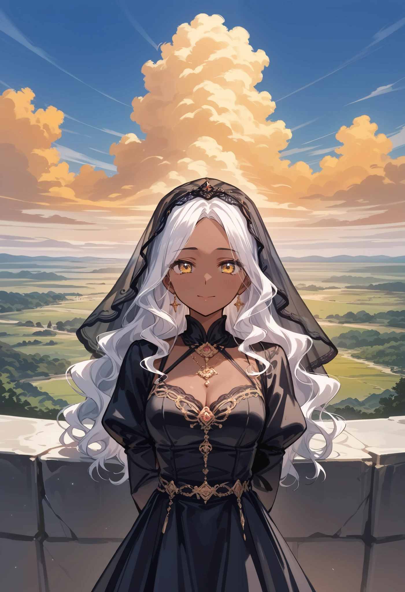 score_9, score_8_up,score_7_up,source_anime,source_comic,source_illust,(frontview,looking ai viewer:1.3),smile,solo,((closed up beautiful standing upperbody:1.3,arms behind back)),(white wavy hair,parted bangs),(dark skin:1.3),eyelash, mourning full dress, headrest black veil, funeral, grave marker, cliff, blue sky, clouds, sad expression, official art, golden sky, nostalgic scene, you in my memories, (manga style), (sketch), (illustration) ,