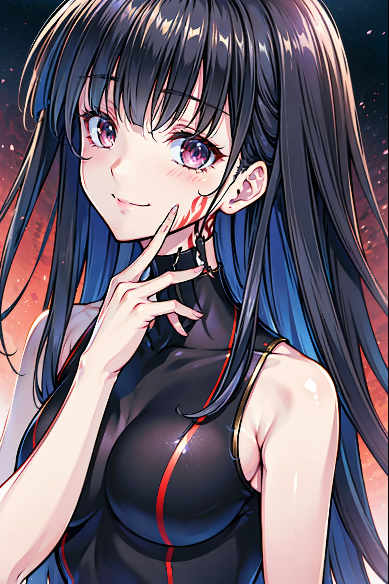 (masterpiece))、((highest quality))、((Super Resolution))、(Very beautiful and detailed)、Official Art、virtual YouTuber、8k、Very CGI、Game CG、icon、wallpaper、Sharp focus、Written in detail、Very simple background、Smooth anime CG art、Cute Girl Anime Visual、 best quality 　 best image quality　Draw a face carefully　 anime style high definition face 　Super Glowing Skin　 long black hair　 red eyes　red striped leotard 　 red striped pantyhose　 Seductive smiles 　whole body図　whole body