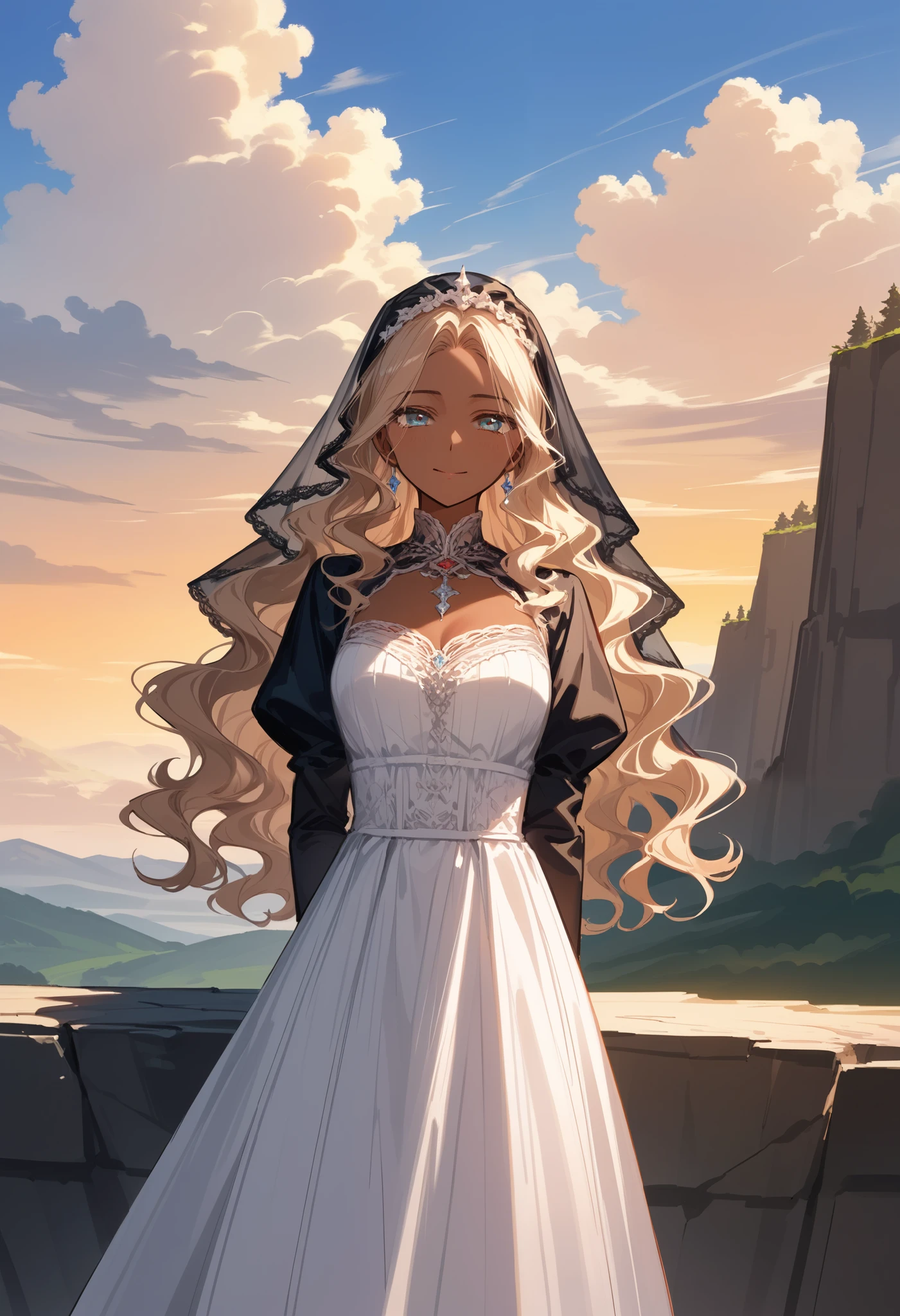 score_9, score_8_up,score_7_up,source_anime,source_comic,source_illust,(frontview,looking ai viewer:1.3),smile,solo,((closed up beautiful standing upperbody:1.3)),(arms behind back),(white wavy hair,parted bangs),(dark skin:1.3),eyelash, mourning full dress, headrest black veil, funeral, grave marker, cliff, blue sky, clouds, sad expression, official art, golden sky, nostalgic scene, you in my memories, (manga style), (sketch), (illustration) ,