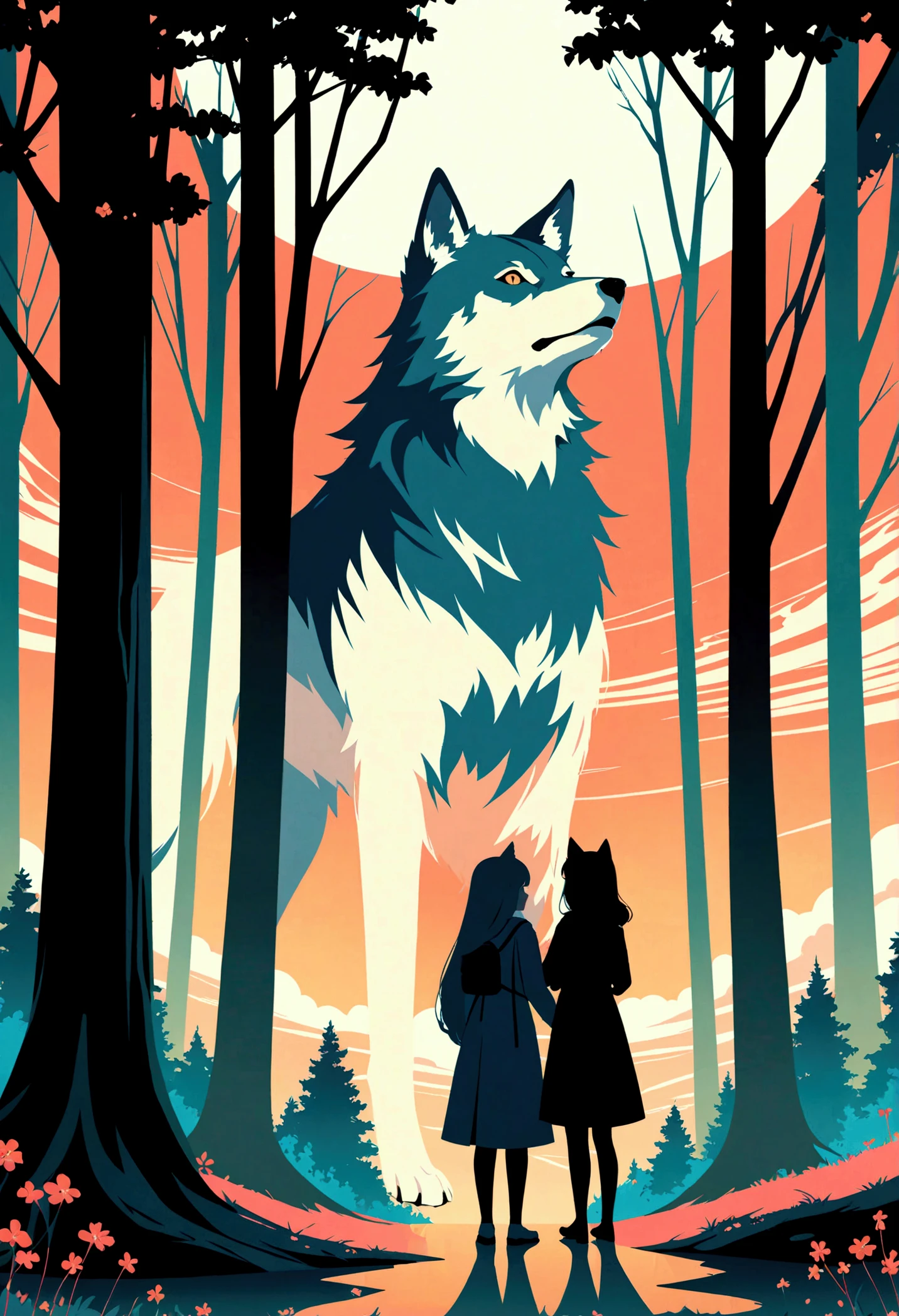 wallpaper of smartphone, A girl and a wolf meet in the forest, flat Design, vector illustrations, graphic illustration, detailed 2d illustration, flat illustration, digital illustration, digital artwork,
